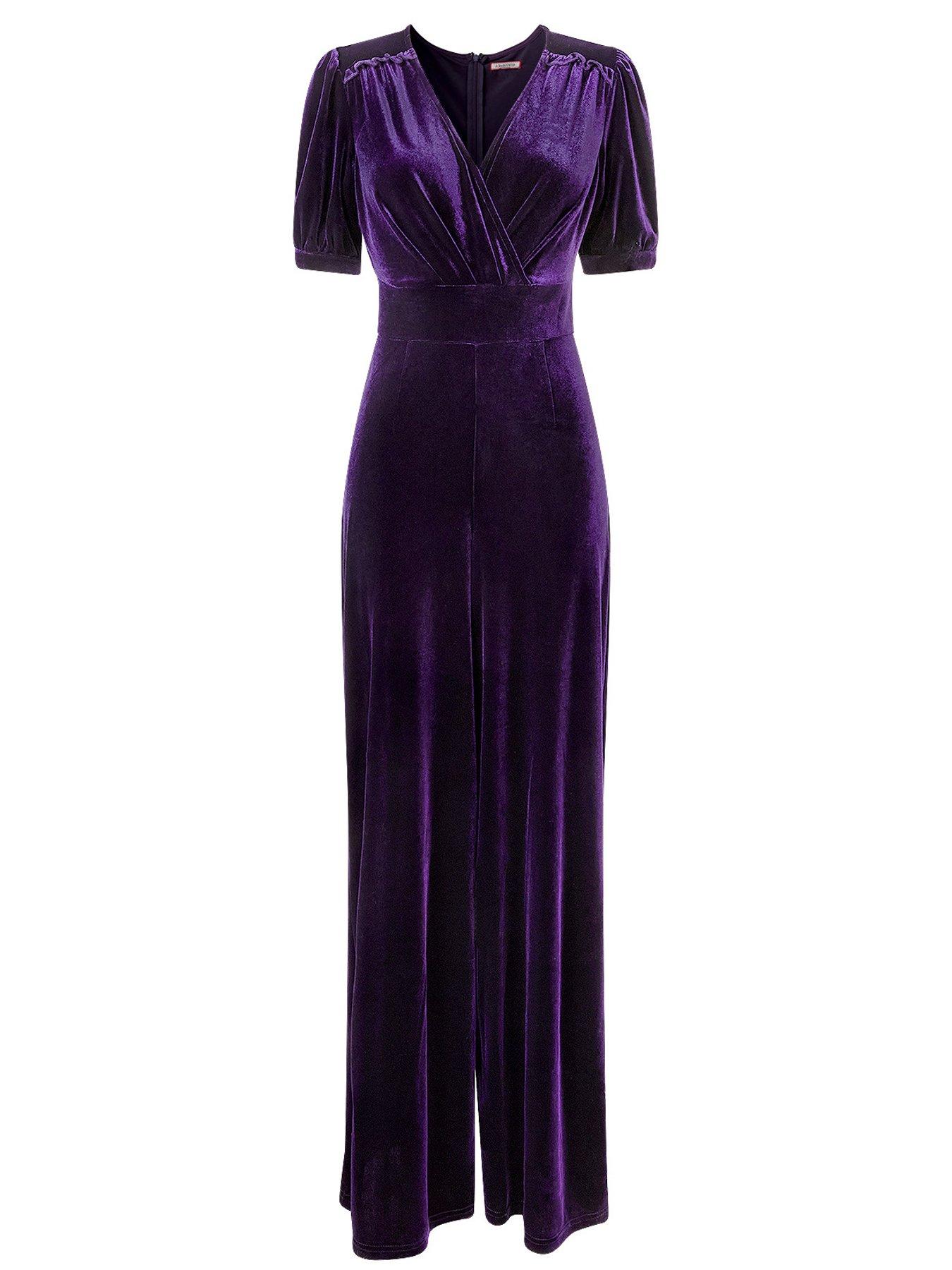 Image 7 of 7 of Joe Browns Womens Gabriella Wrap Front Wide Leg Velour Jumpsuit - Purple