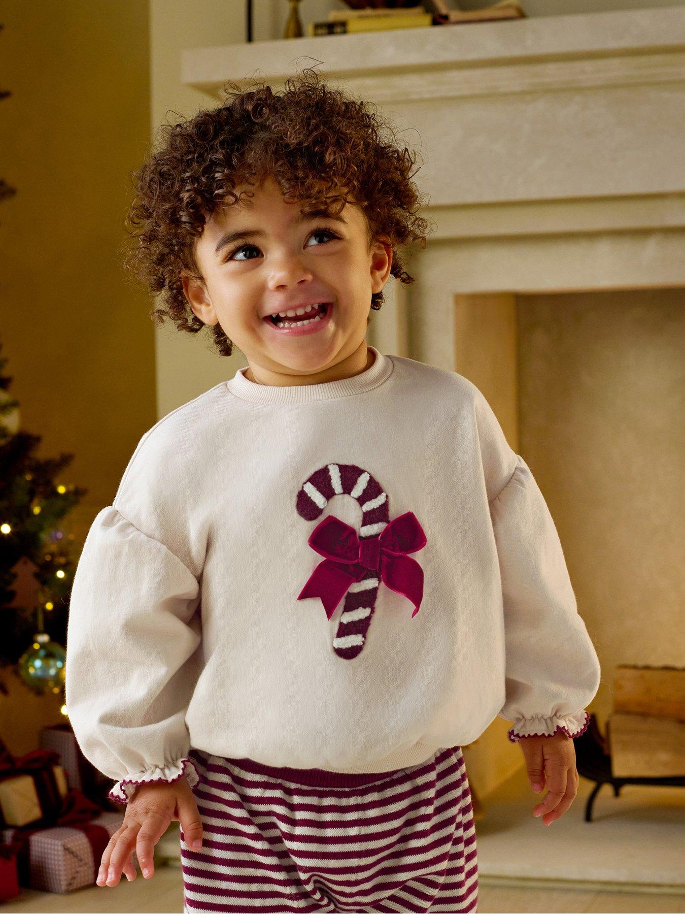 Image 1 of 6 of Mamas & Papas Baby &nbsp;Girls Textured Candy Cane Applique Velvet Bow Sweatshirt - Cream