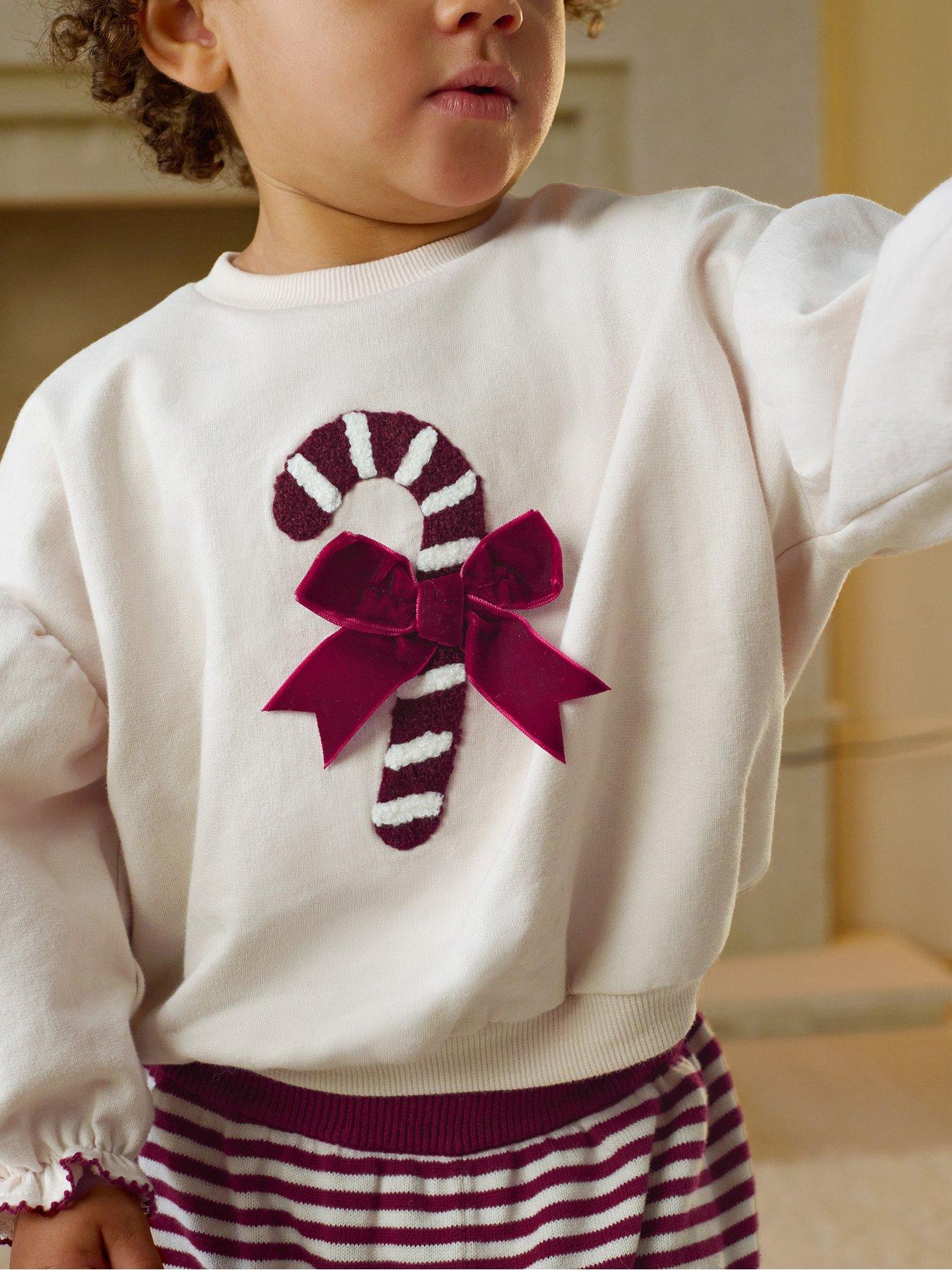 Image 3 of 6 of Mamas & Papas Baby &nbsp;Girls Textured Candy Cane Applique Velvet Bow Sweatshirt - Cream