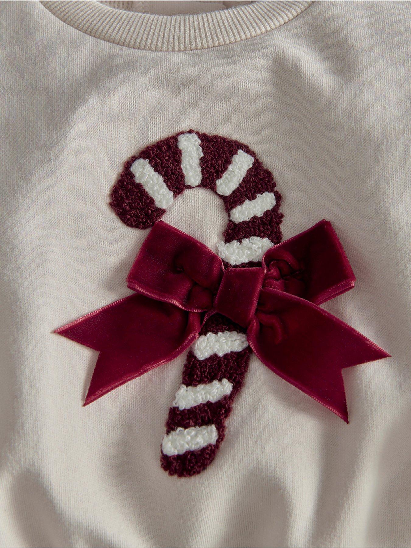 Image 4 of 6 of Mamas & Papas Baby &nbsp;Girls Textured Candy Cane Applique Velvet Bow Sweatshirt - Cream
