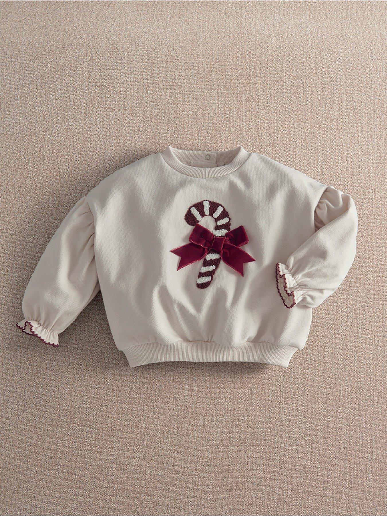 Image 6 of 6 of Mamas & Papas Baby &nbsp;Girls Textured Candy Cane Applique Velvet Bow Sweatshirt - Cream