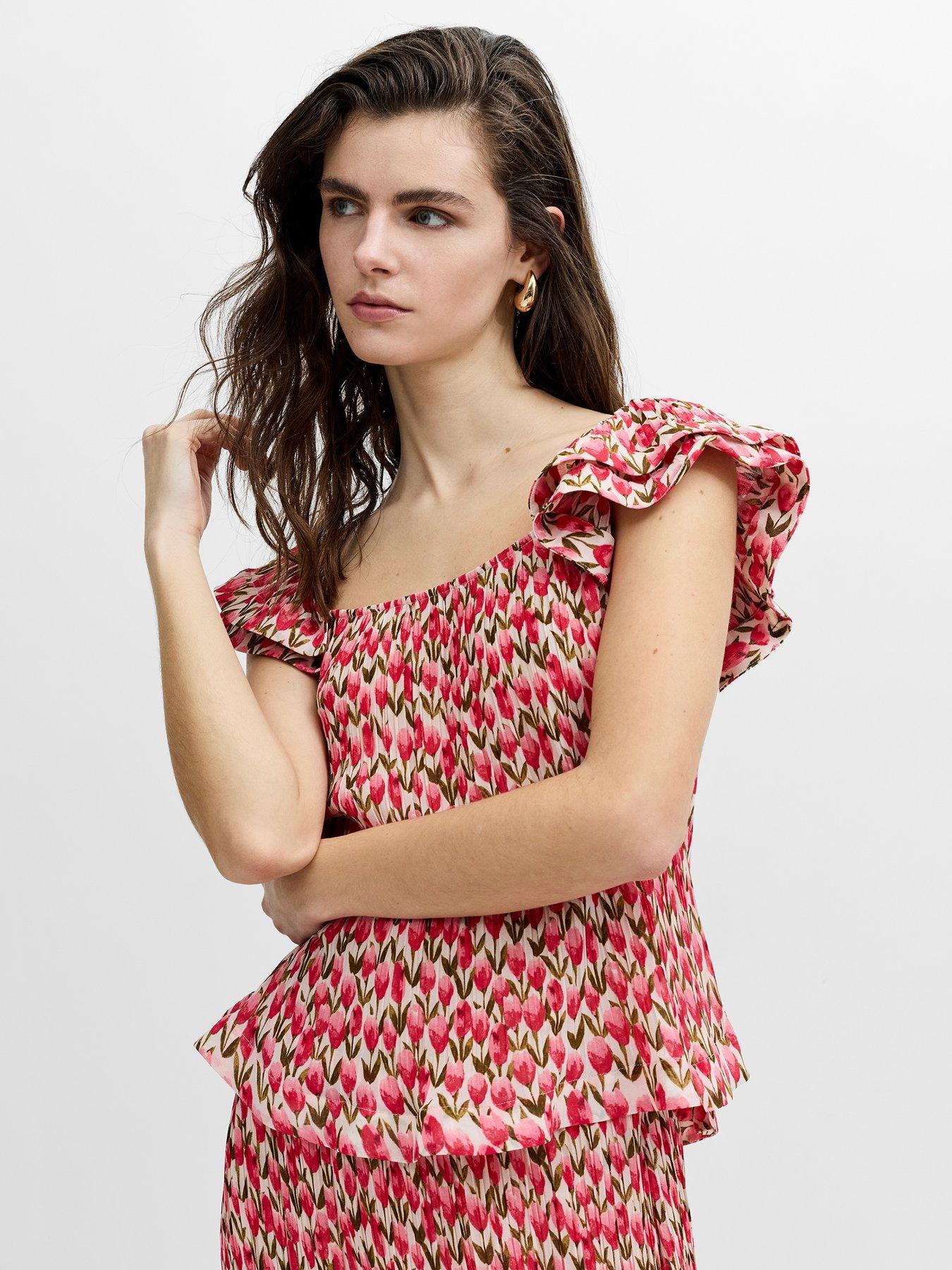 Image 1 of 6 of French Connection Floral Print Ruffle Cap Sleeve Peplum Top