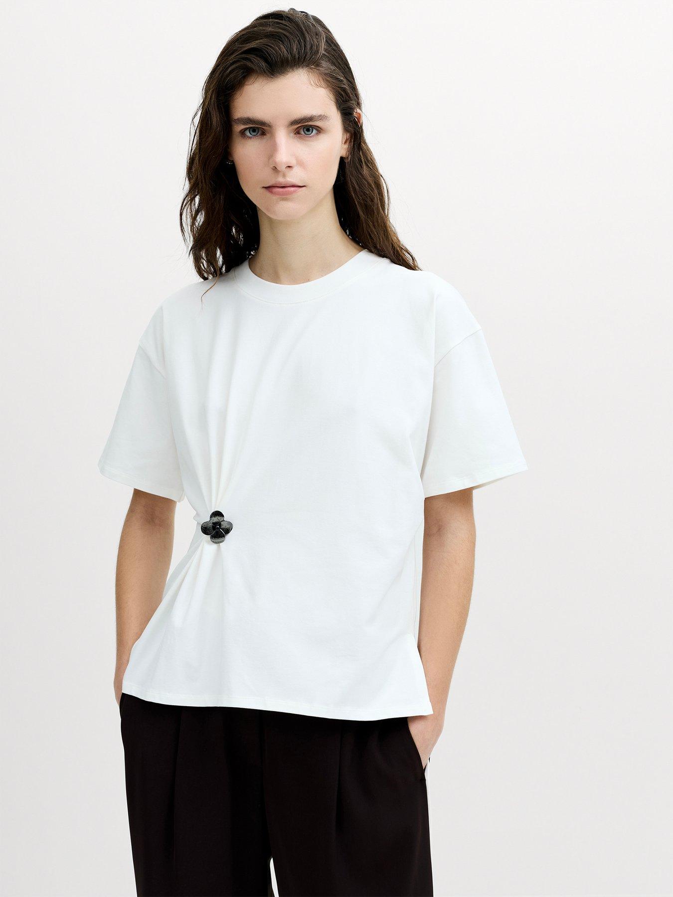 Image 1 of 5 of French Connection Womens Cotton Stretch Cinched Detail Short Sleeve T-Shirt - White