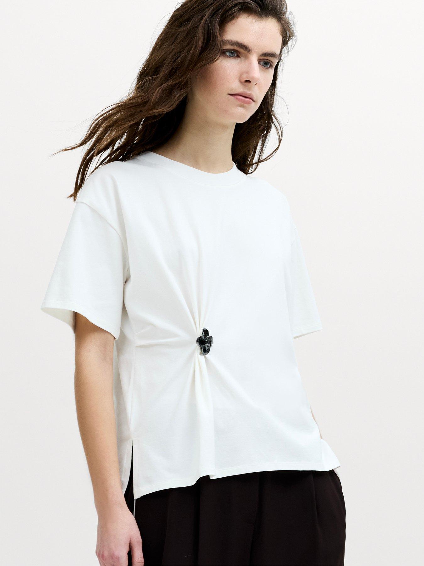 Image 4 of 5 of French Connection Womens Cotton Stretch Cinched Detail Short Sleeve T-Shirt - White
