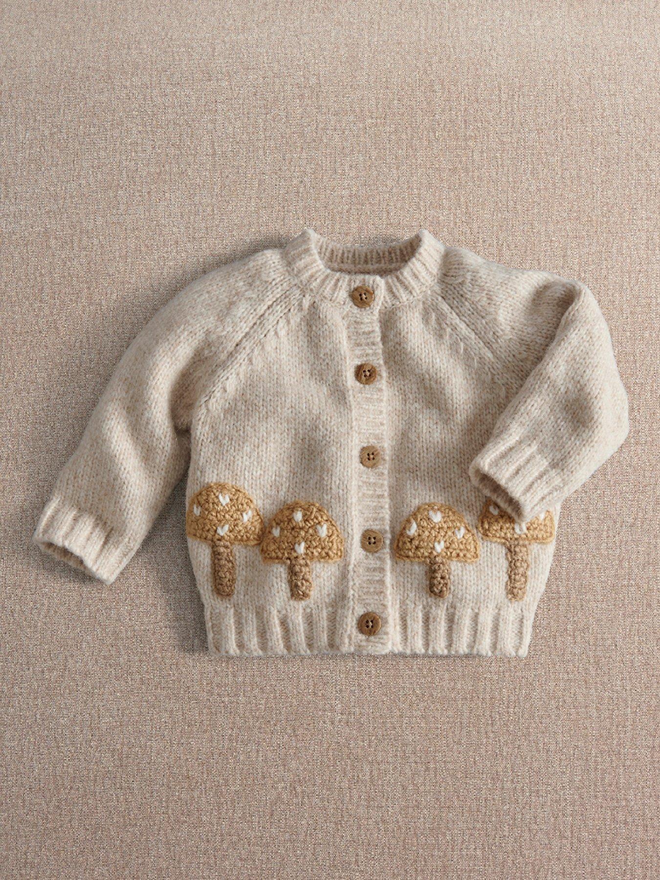 Mamas & Papas Toadstool Knitted Cardigan in Beige for Newborns, Chunky Knit Long Sleeve Button-Front Baby Sweater - Image 3