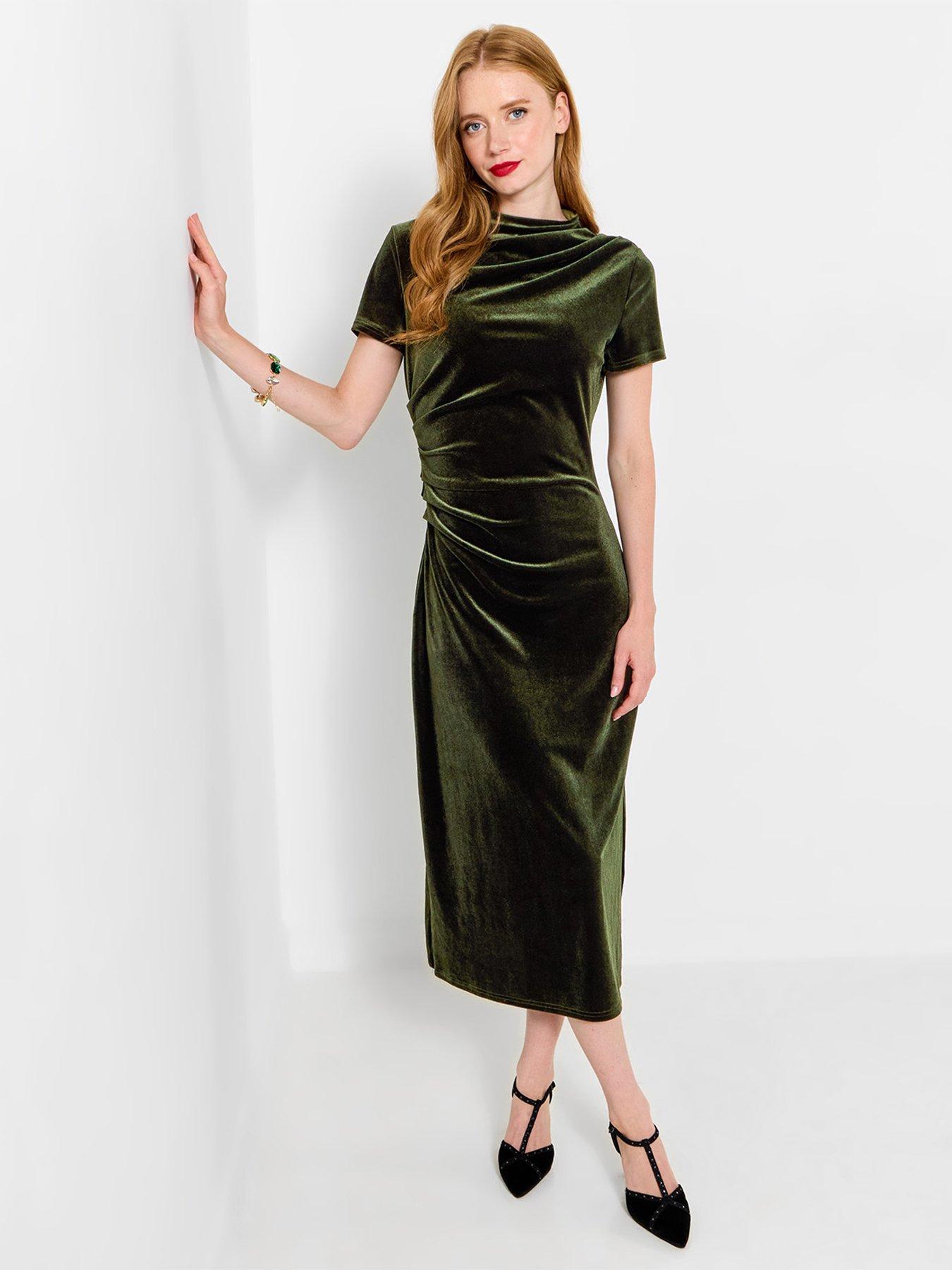Image 1 of 5 of Joe Browns Womens Isabella Gathered Stretch Velour Midi Dress - Green