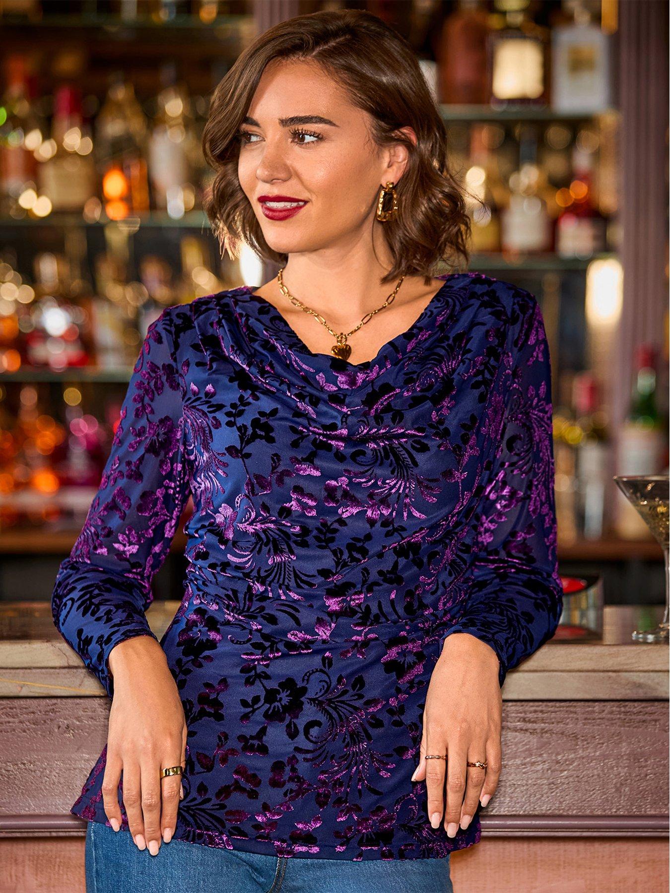 Image 1 of 7 of Joe Browns Womens Devore Cowl Neck Stretch Long Sleeve Top - Blue