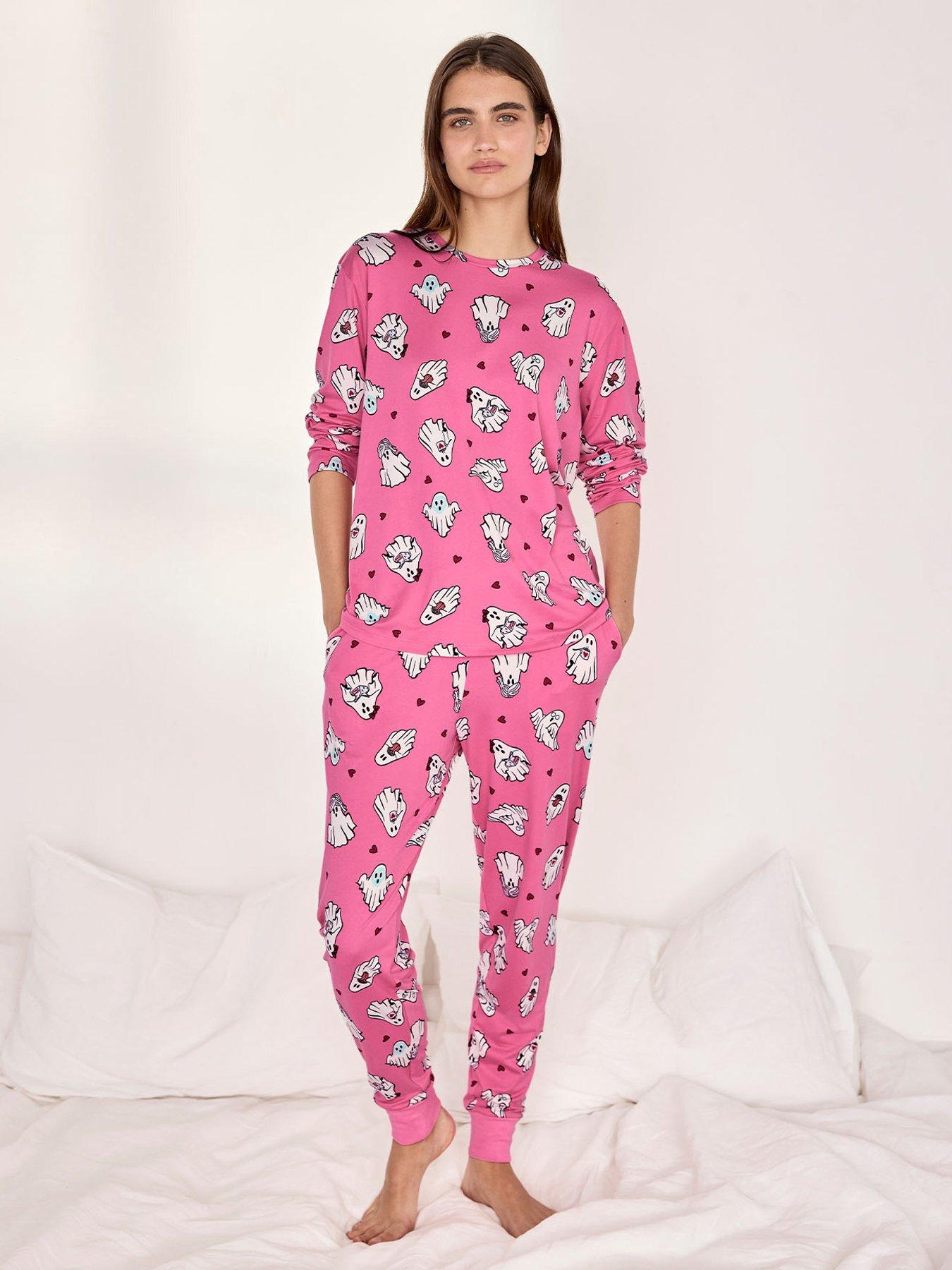 Image 1 of 6 of CHELSEA PEERS Womens Halloween Ghost Print Stretch Long Pyjama Set - Pink