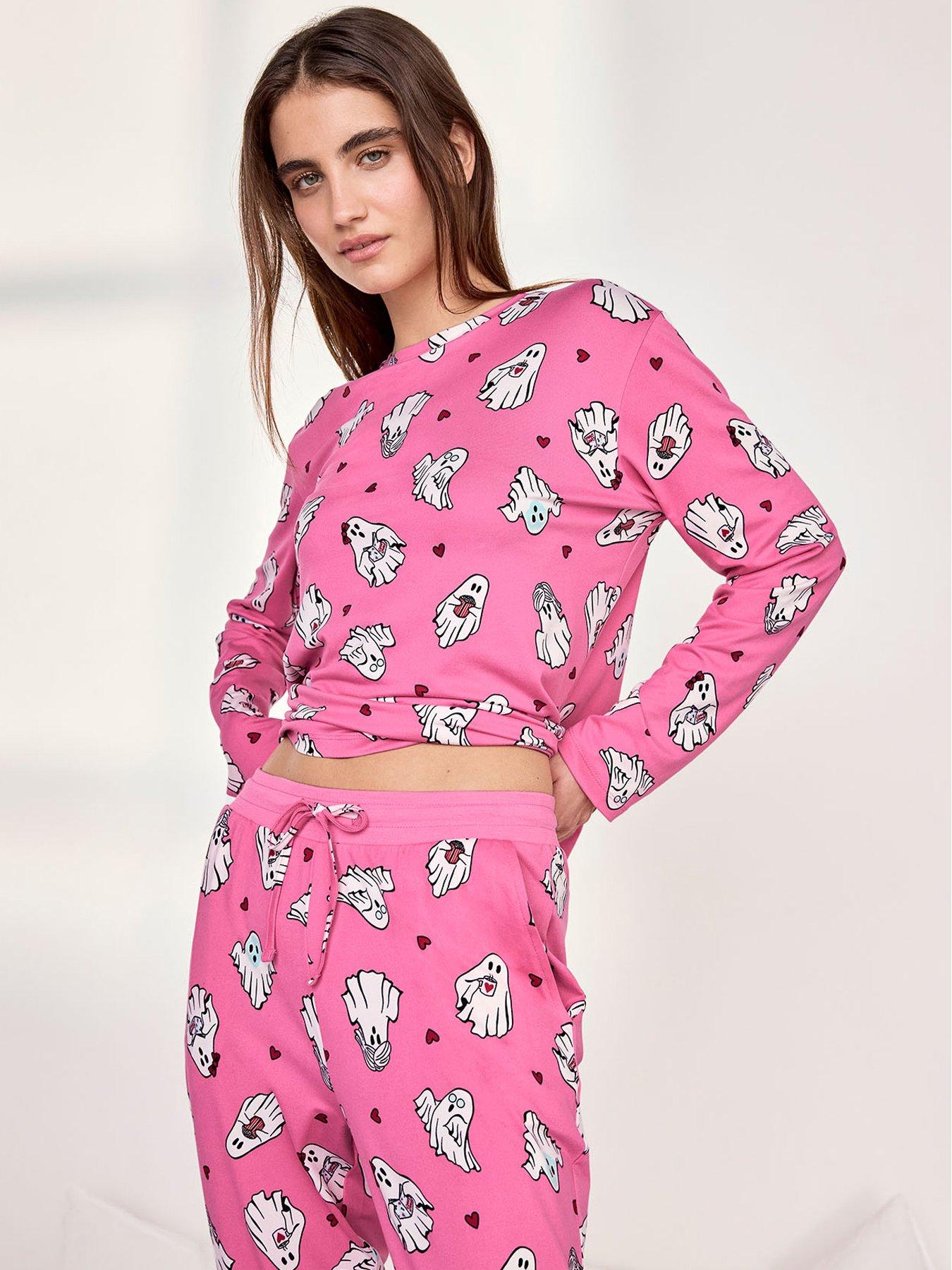 Image 4 of 6 of CHELSEA PEERS Womens Halloween Ghost Print Stretch Long Pyjama Set - Pink
