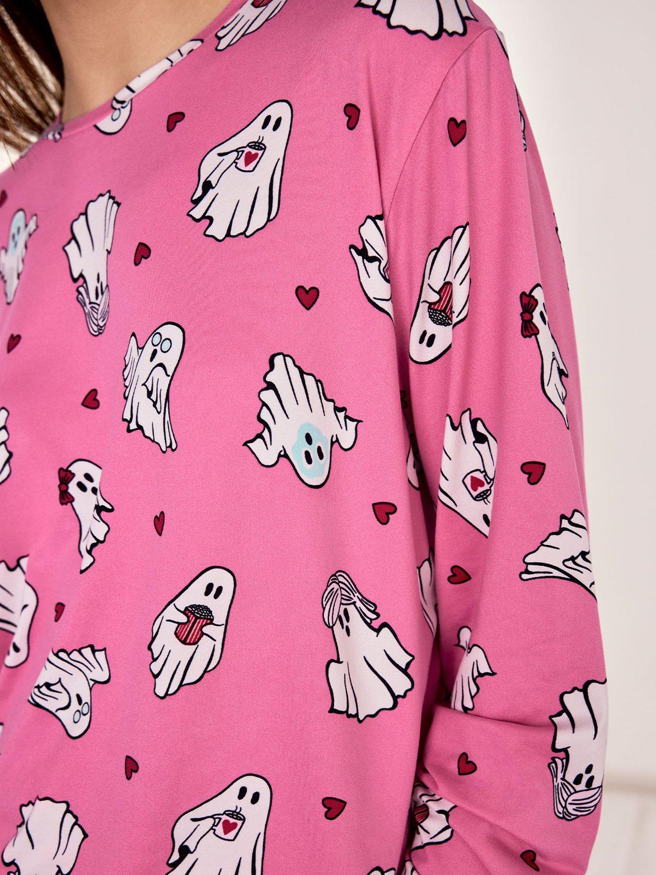 Image 6 of 6 of CHELSEA PEERS Womens Halloween Ghost Print Stretch Long Pyjama Set - Pink