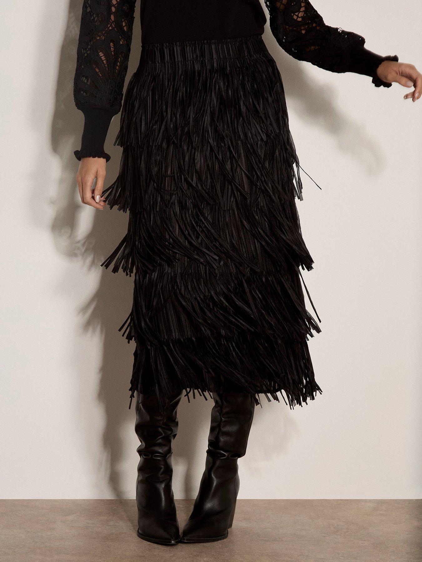 Image 1 of 5 of Apricot Womens Fringe Tiered Midi Skirt - Black