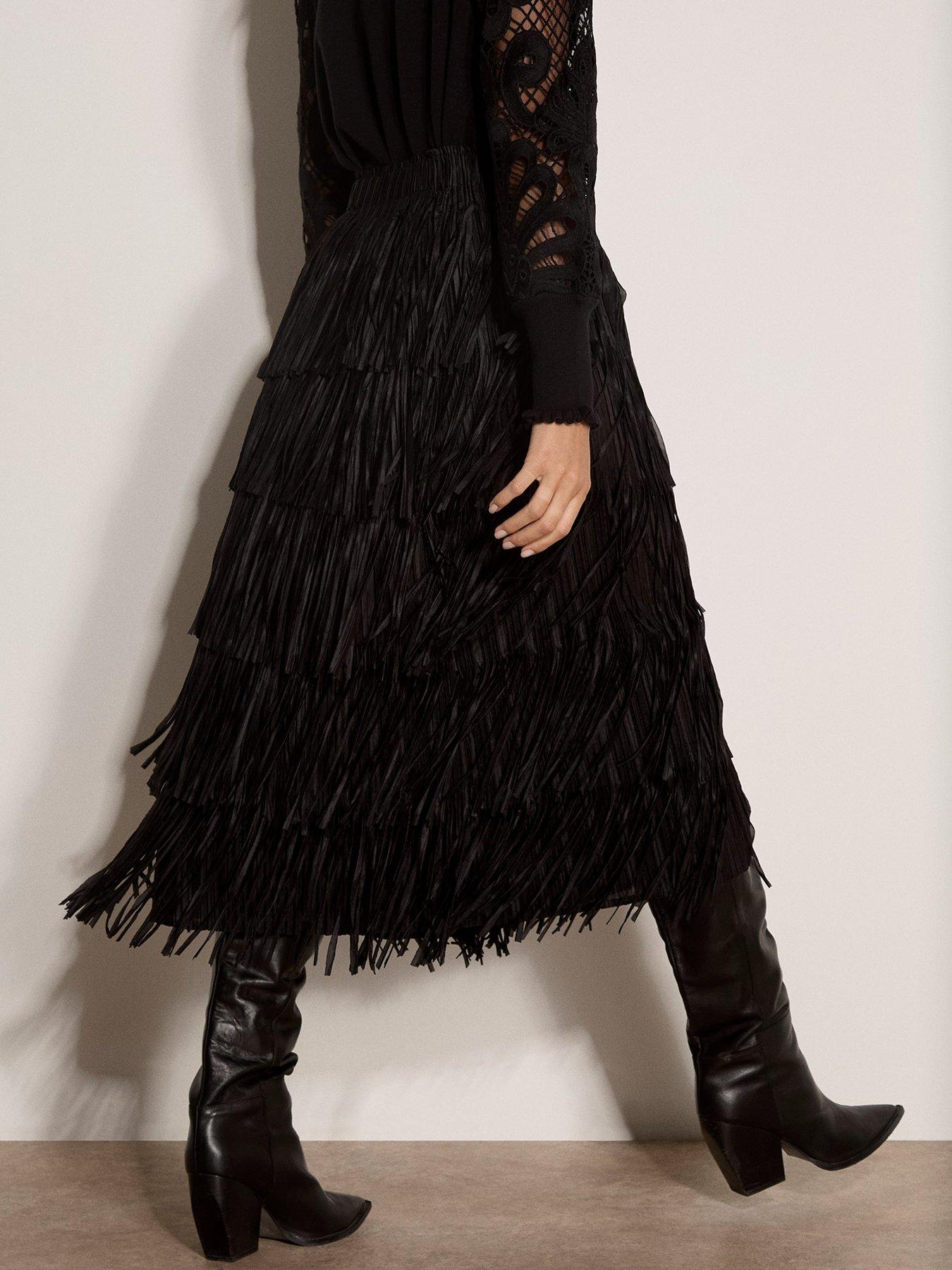 Image 2 of 5 of Apricot Womens Fringe Tiered Midi Skirt - Black