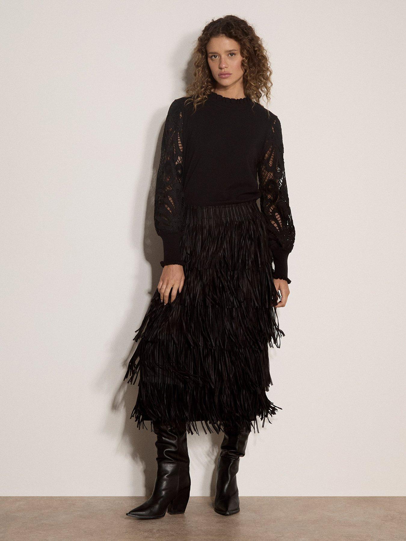 Image 3 of 5 of Apricot Womens Fringe Tiered Midi Skirt - Black