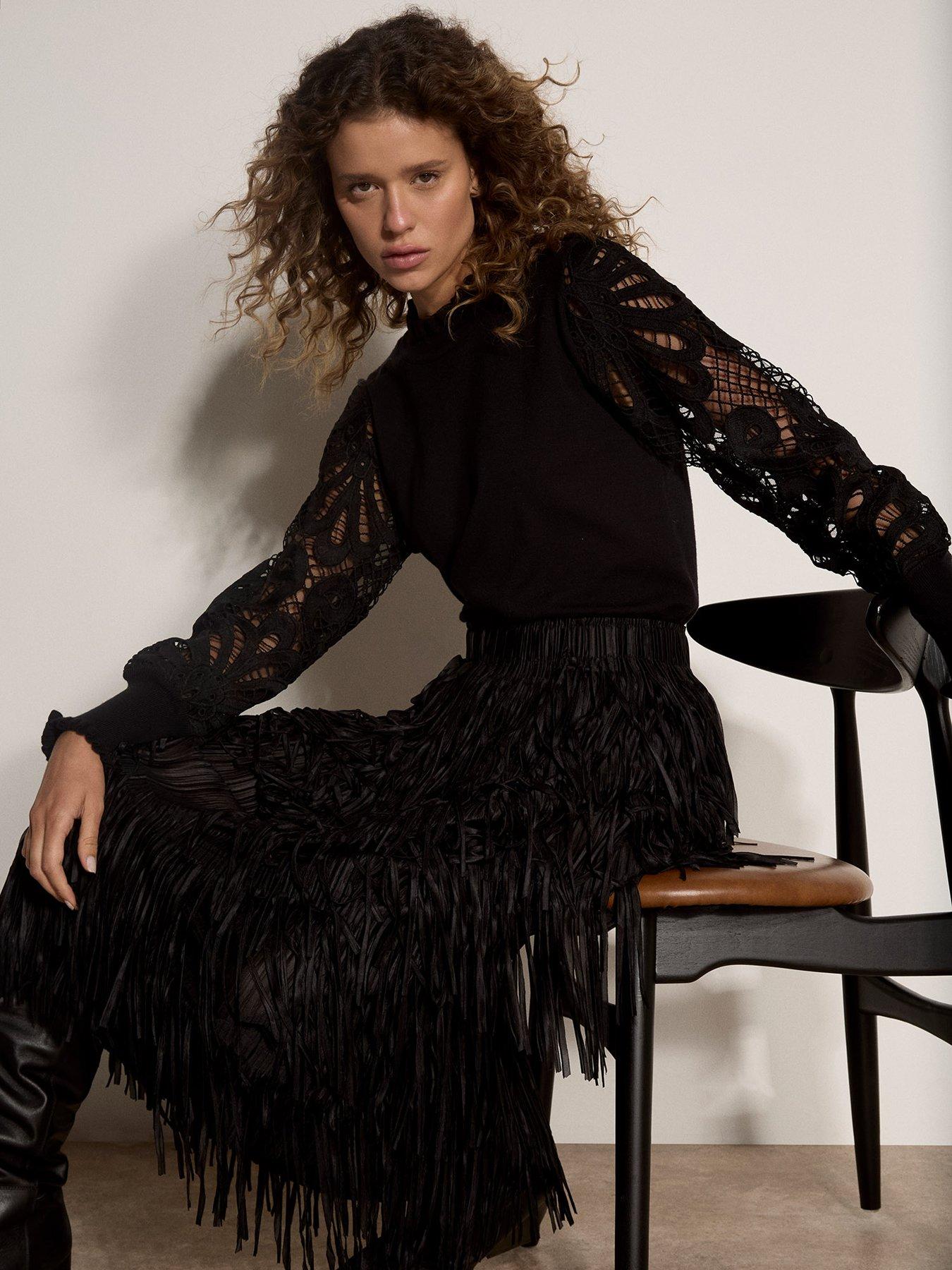 Image 4 of 5 of Apricot Womens Fringe Tiered Midi Skirt - Black