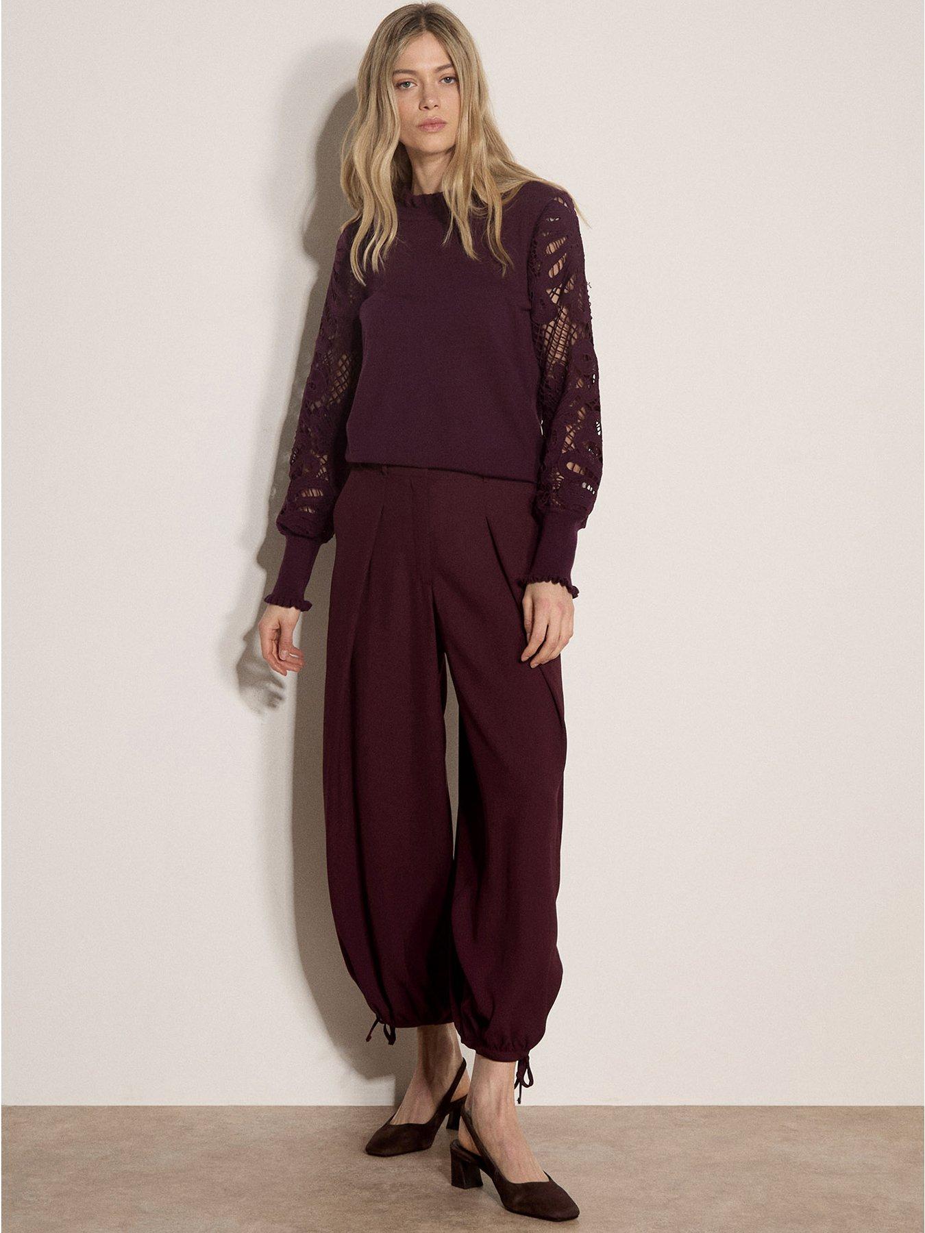 Image 1 of 5 of Apricot Womens Pleated Tie Cuff Balloon Trousers - Burgundy
