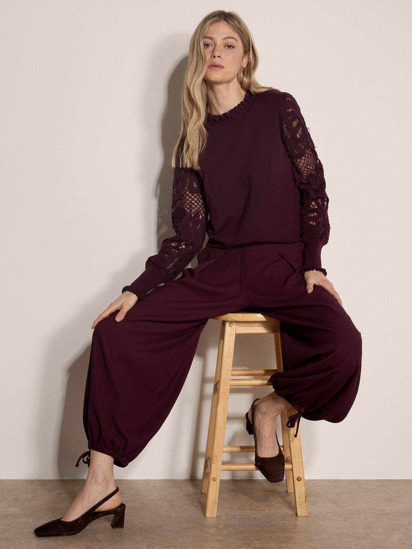 Image 3 of 5 of Apricot Womens Pleated Tie Cuff Balloon Trousers - Burgundy
