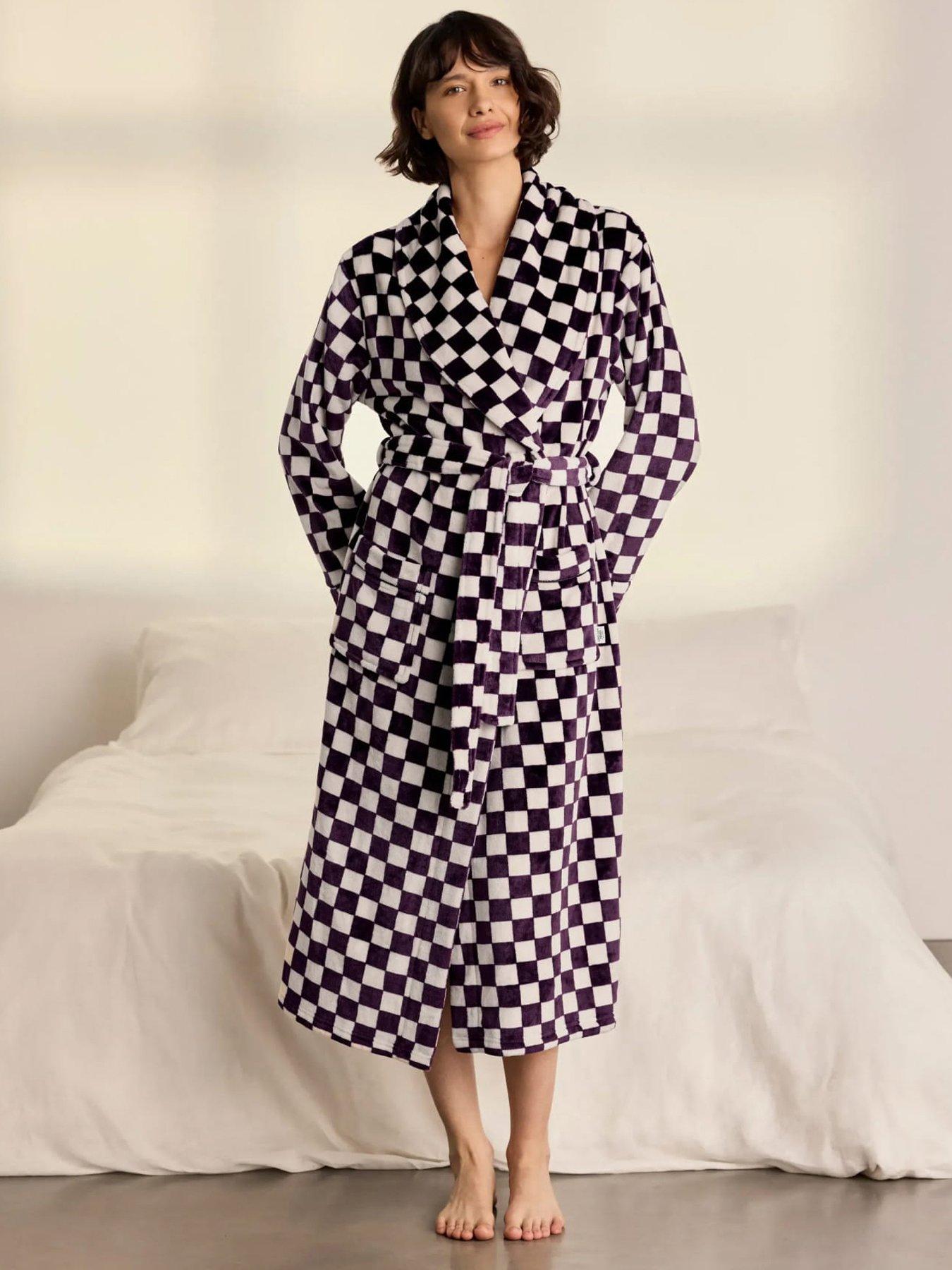 Image 1 of 7 of CHELSEA PEERS Womens Checkerboard Fleece Tie Waist Dressing Gown - Red