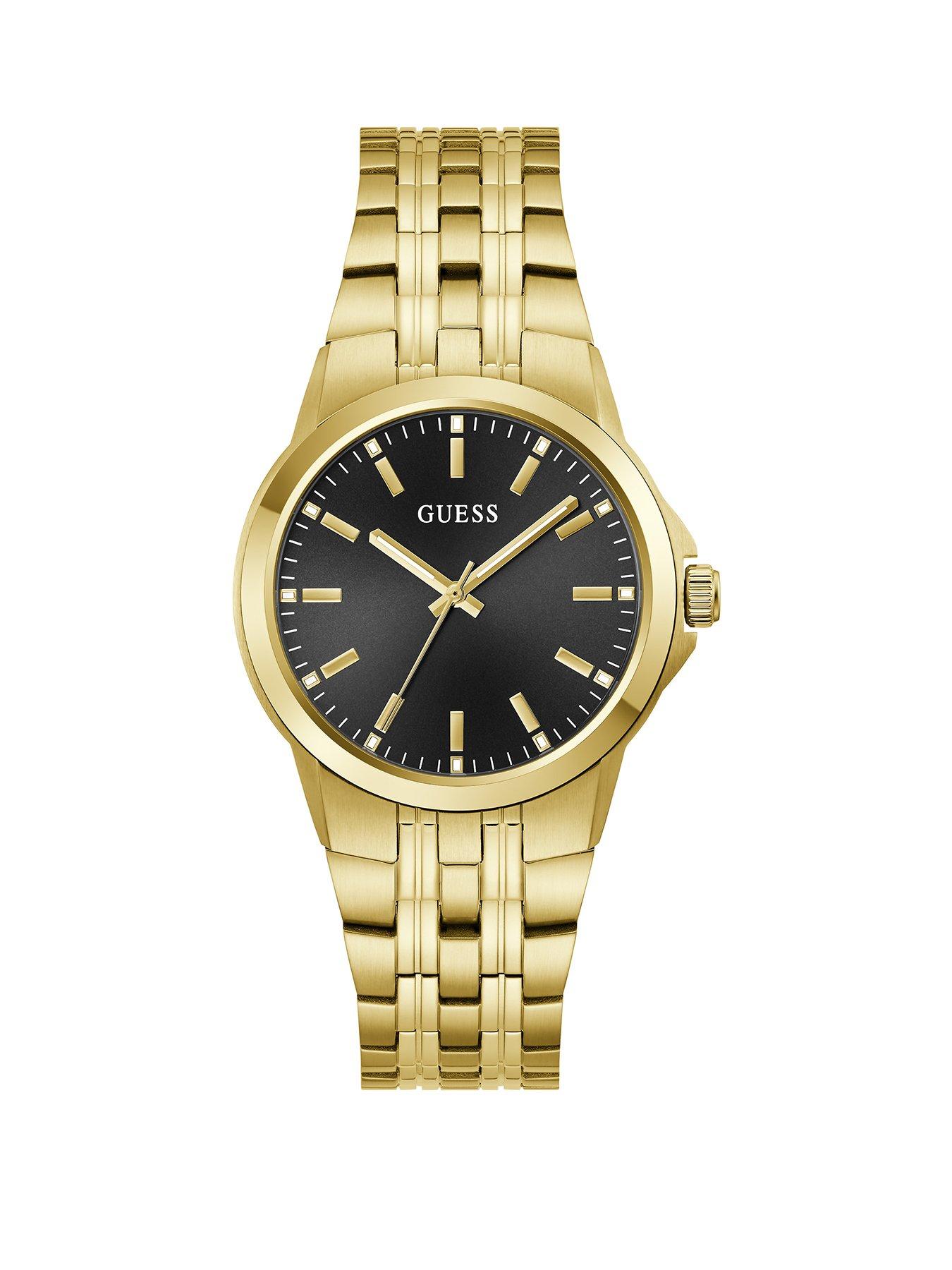 Image 1 of 6 of Guess Gents Gold tone stone set watch with black dial and gold tone bracelet