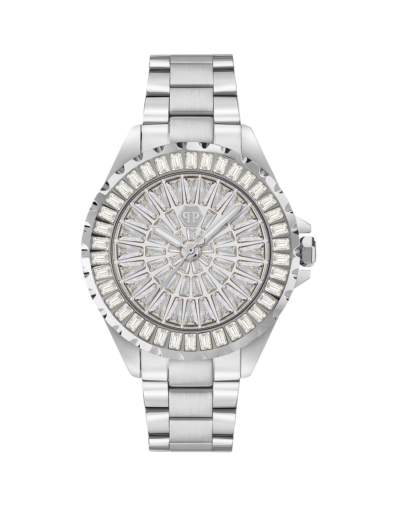 Philipp Plein Plein Silver tone stone set bracelet with silver tone bracelet, Silver, Men