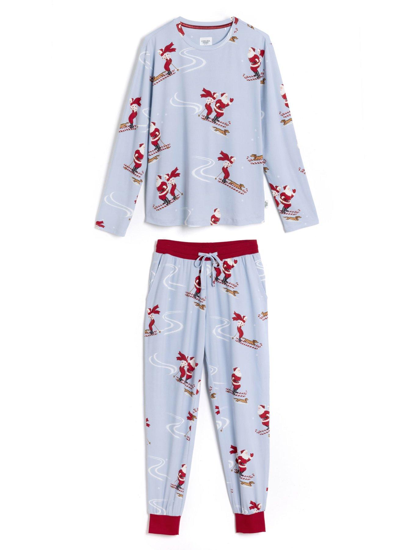 Image 6 of 7 of CHELSEA PEERS Womens Christmas Skiing Santa Print Long Pyjama Set - Blue