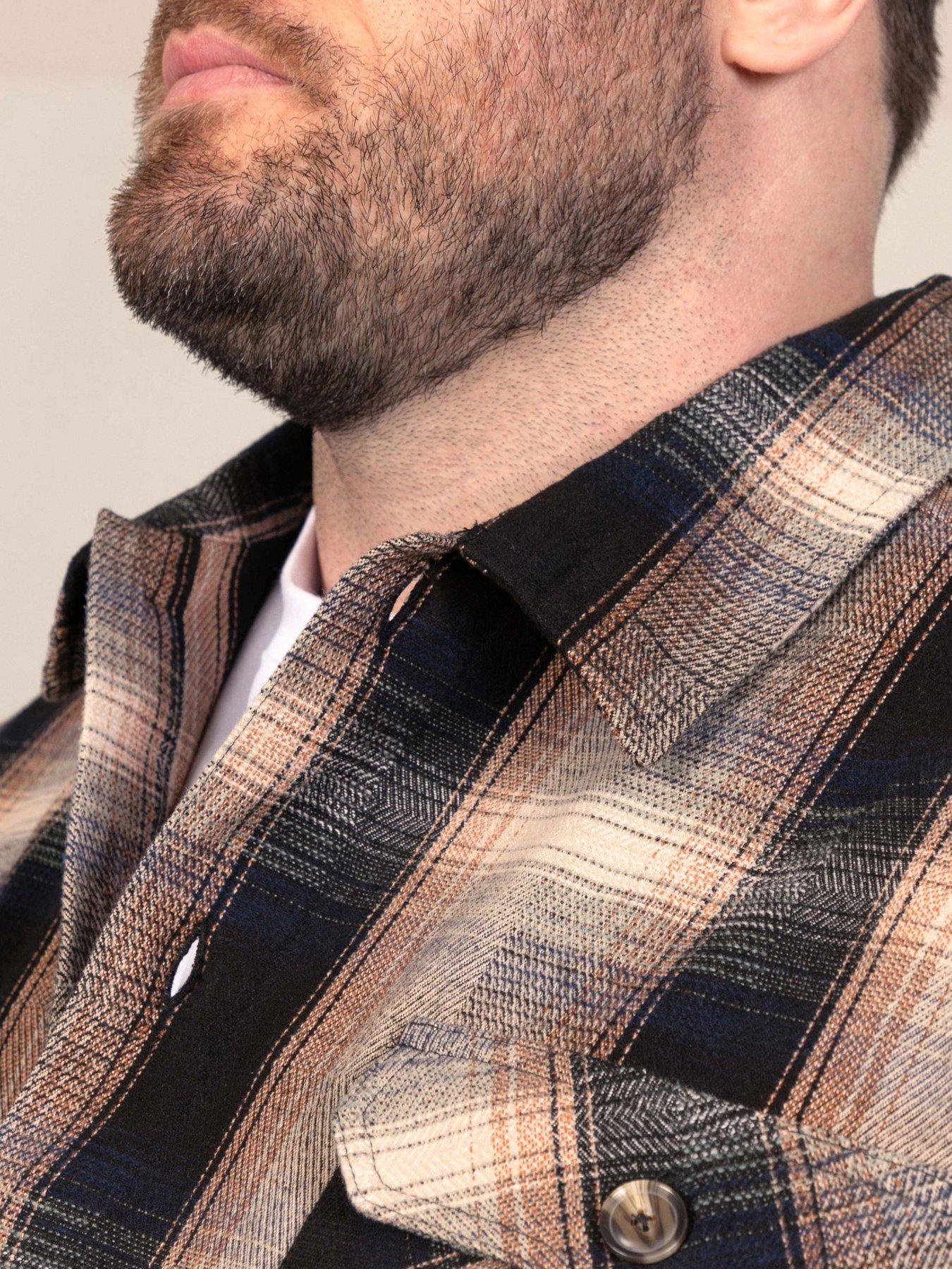 Image 6 of 7 of D555 D555 L/s Tan Check Shacket Overshirt With Chest &amp; Lower Welt Pockets