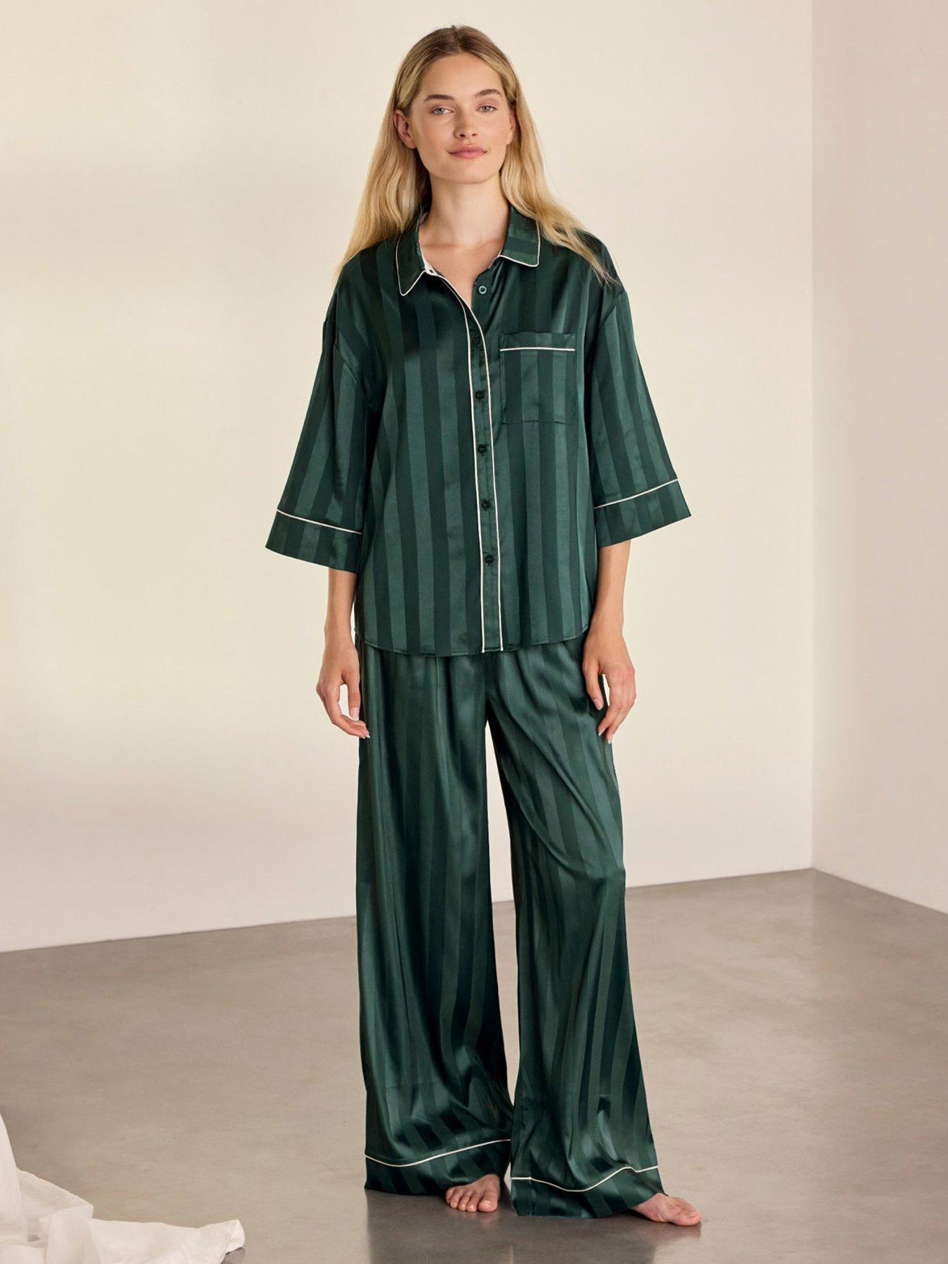 Image 1 of 7 of CHELSEA PEERS Womens Evergreen Stripe Satin Long Pyjama Set - Green