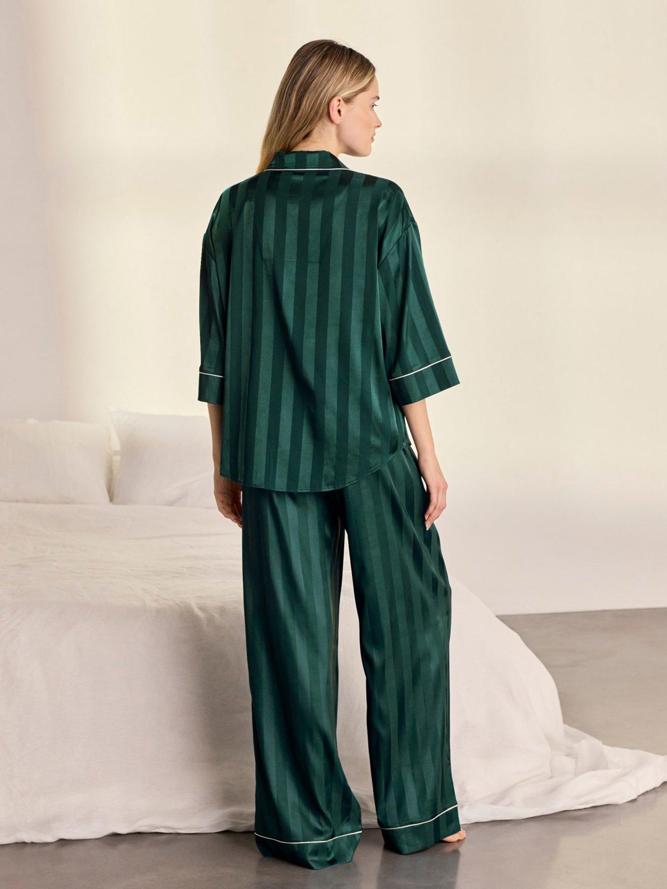 Image 2 of 7 of CHELSEA PEERS Womens Evergreen Stripe Satin Long Pyjama Set - Green