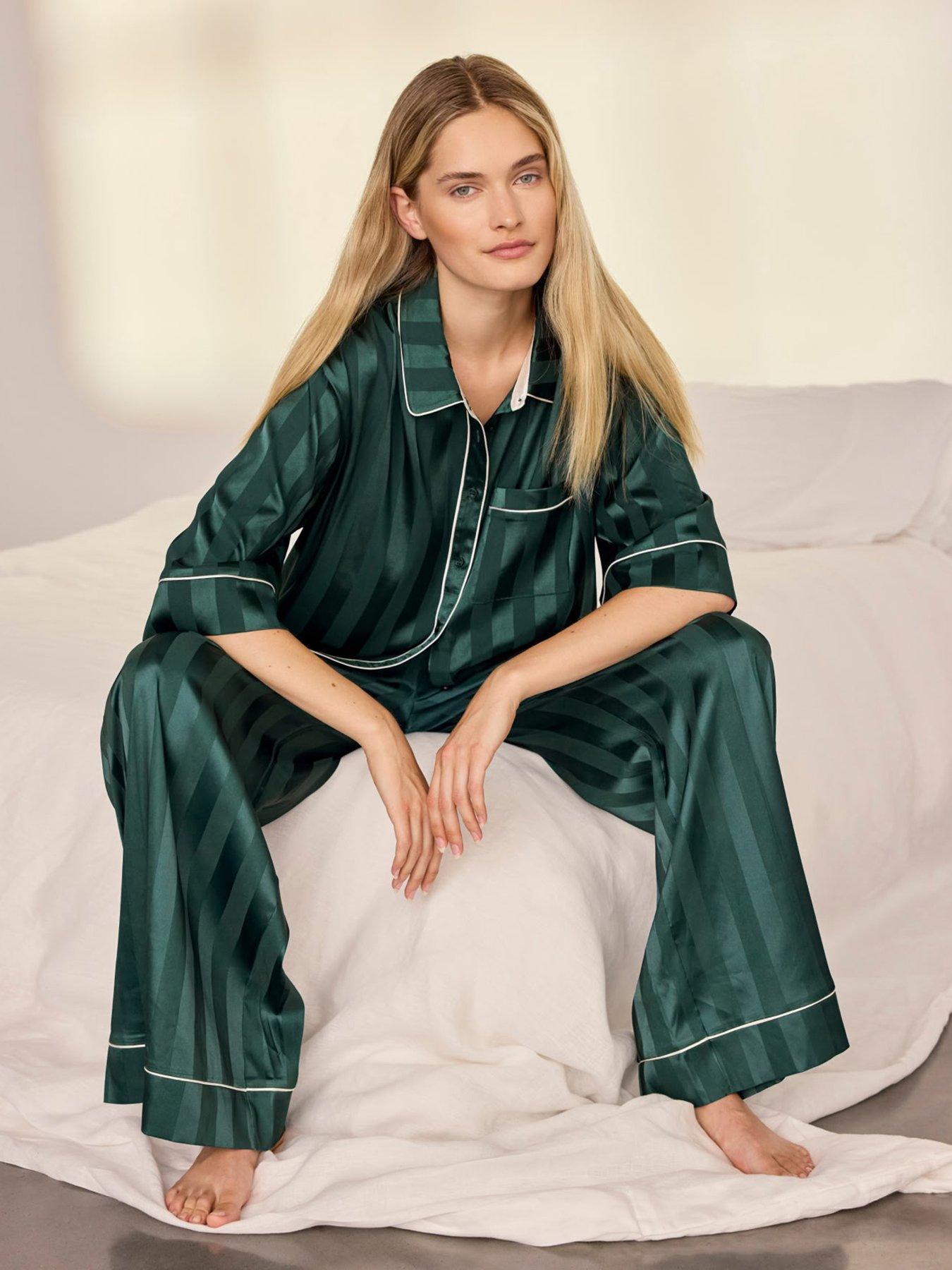 Image 3 of 7 of CHELSEA PEERS Womens Evergreen Stripe Satin Long Pyjama Set - Green