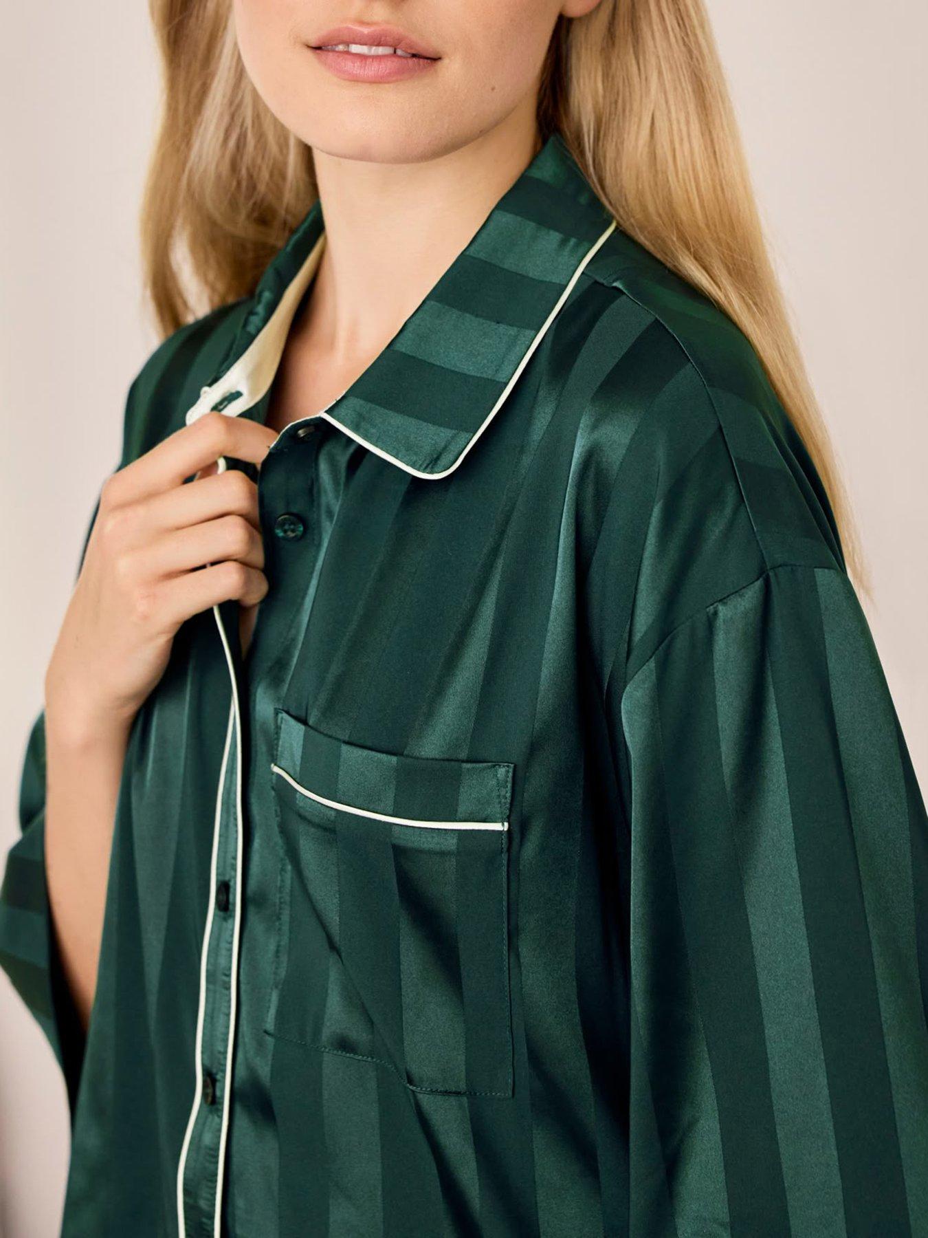 Image 4 of 7 of CHELSEA PEERS Womens Evergreen Stripe Satin Long Pyjama Set - Green