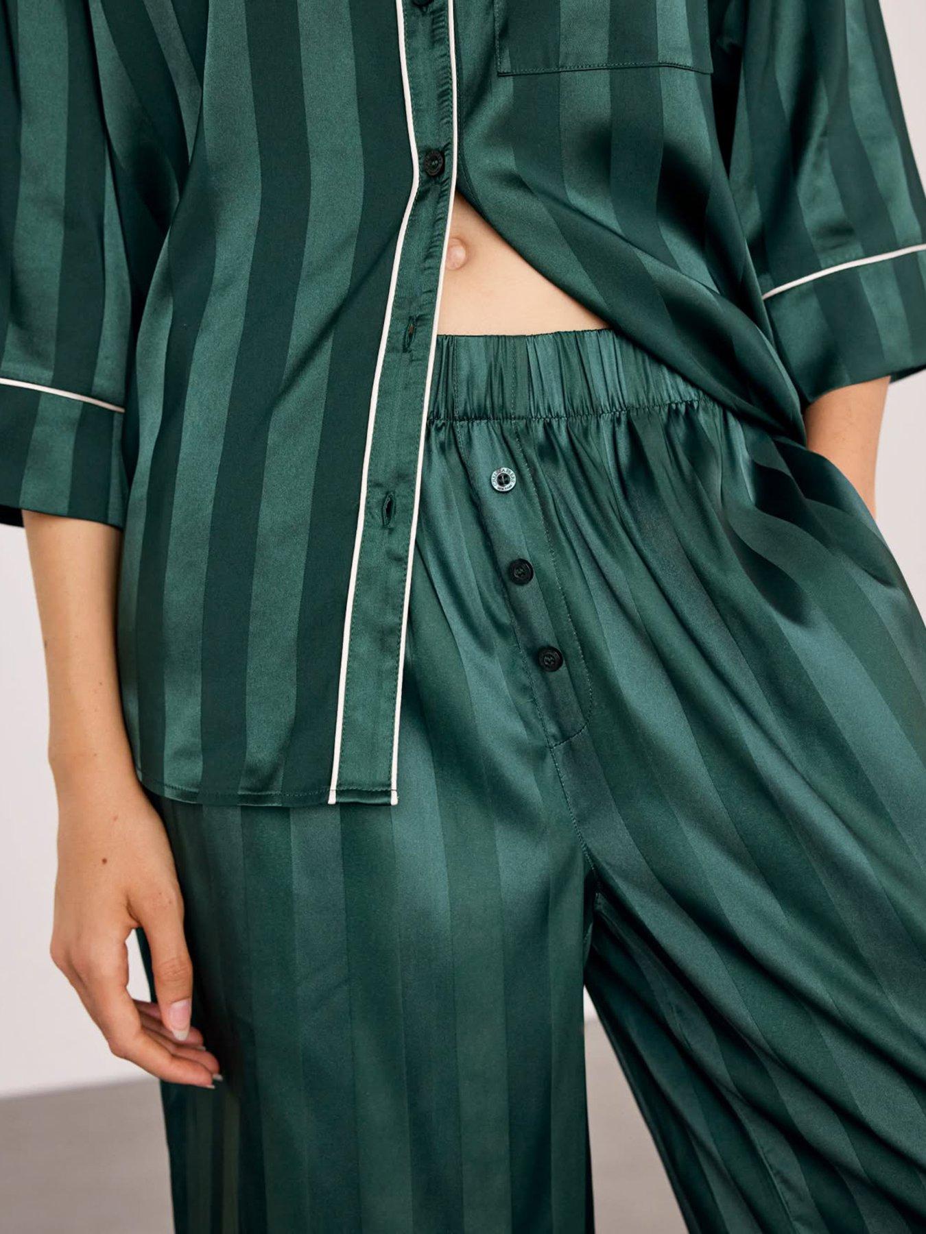 Image 5 of 7 of CHELSEA PEERS Womens Evergreen Stripe Satin Long Pyjama Set - Green