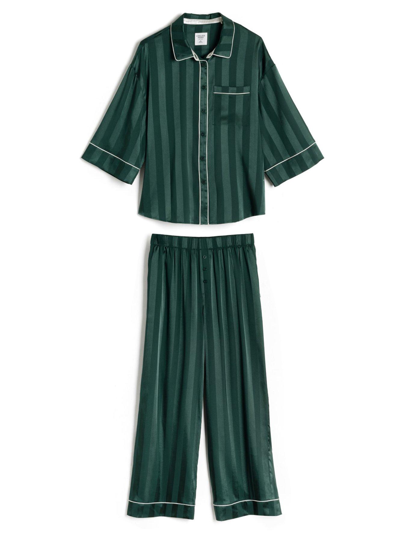 Image 7 of 7 of CHELSEA PEERS Womens Evergreen Stripe Satin Long Pyjama Set - Green