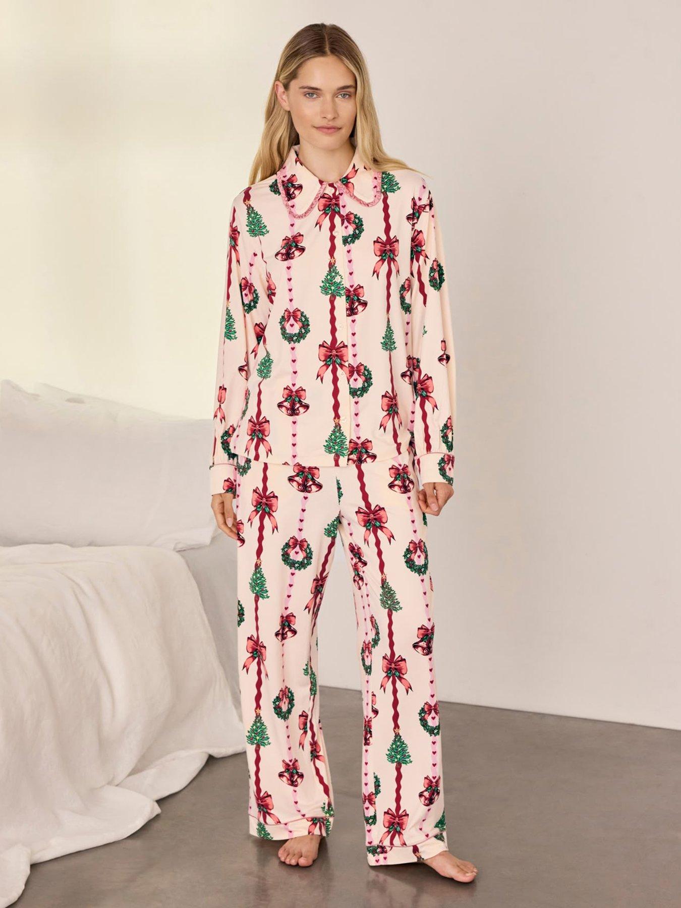 CHELSEA PEERS Womens Christmas Ribbon Stripe Print Long Pyjama Set, White, Size 14, Women