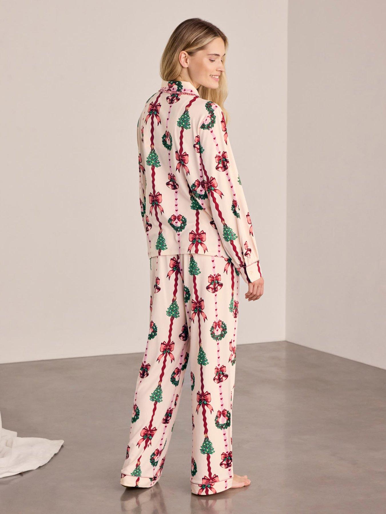Image 2 of 6 of CHELSEA PEERS Womens Christmas Ribbon Stripe Print Long Pyjama Set - Off White