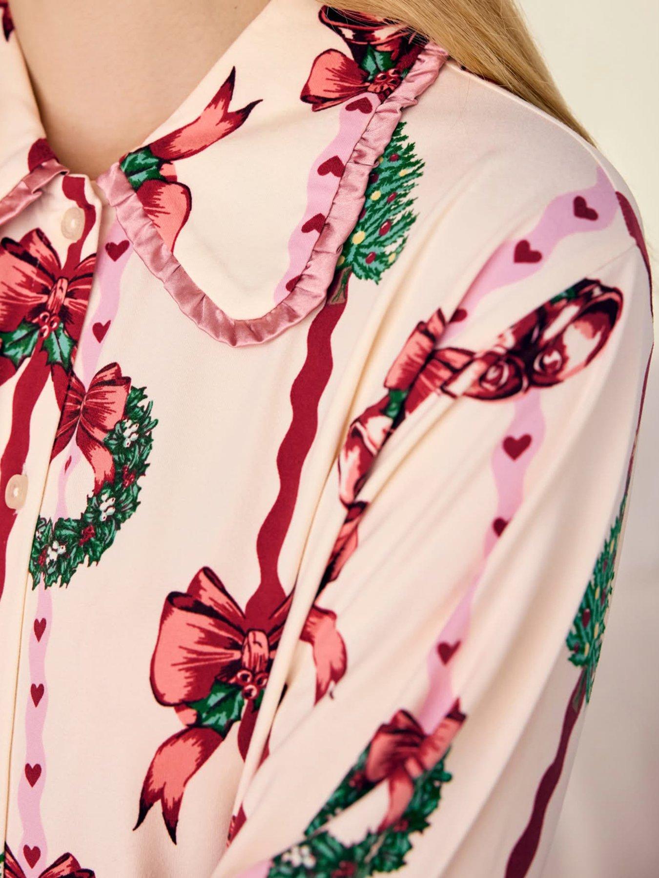 Image 6 of 6 of CHELSEA PEERS Womens Christmas Ribbon Stripe Print Long Pyjama Set - Off White