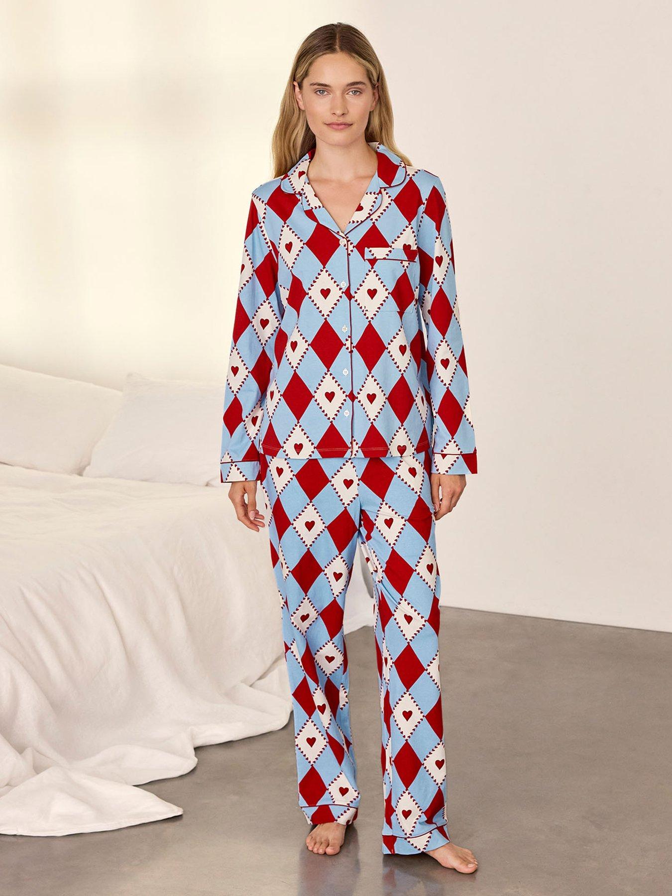 Image 1 of 7 of CHELSEA PEERS Womens Harlequin Heart Print Button-Front Long Pyjama Set - Multi
