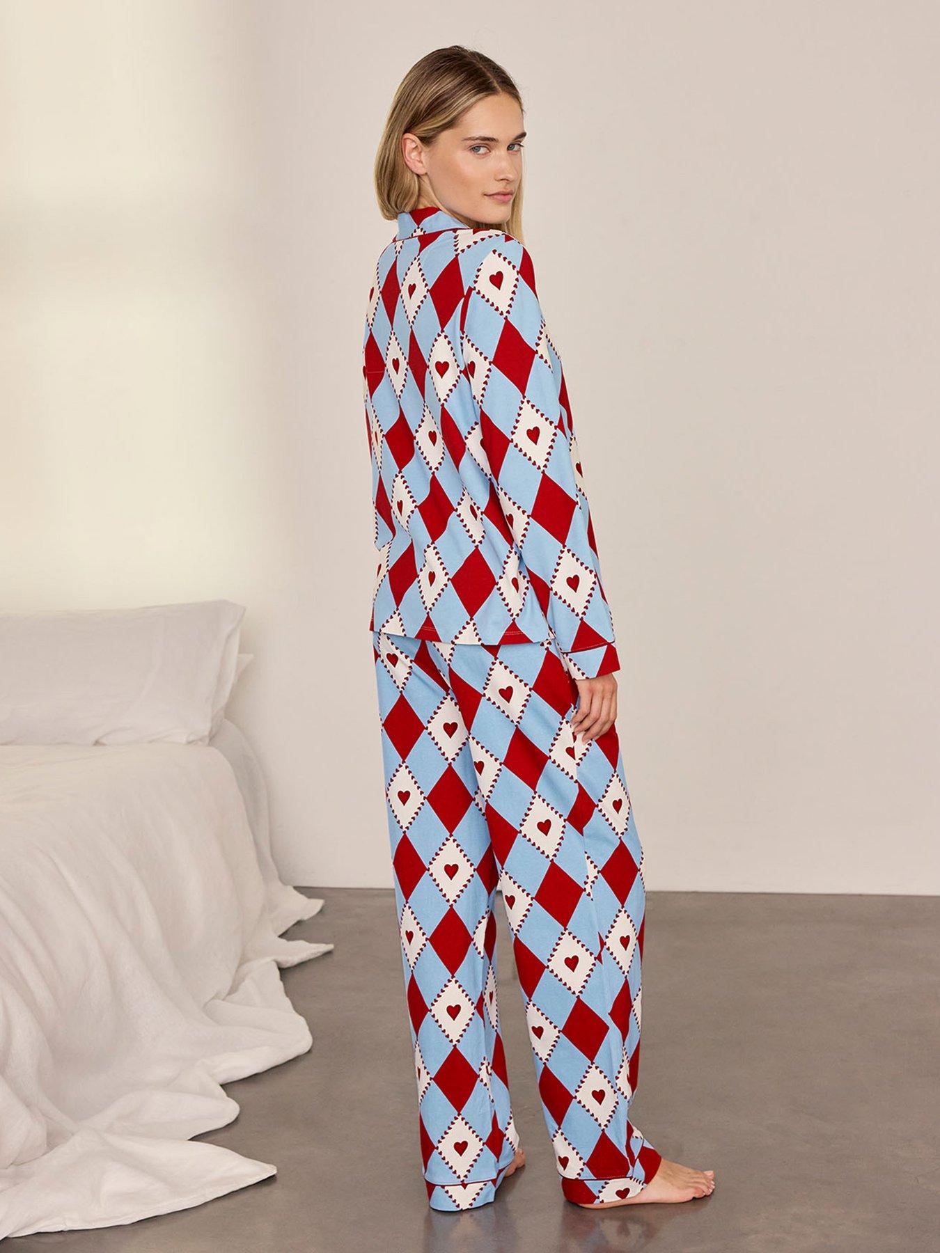 Image 2 of 7 of CHELSEA PEERS Womens Harlequin Heart Print Button-Front Long Pyjama Set - Multi