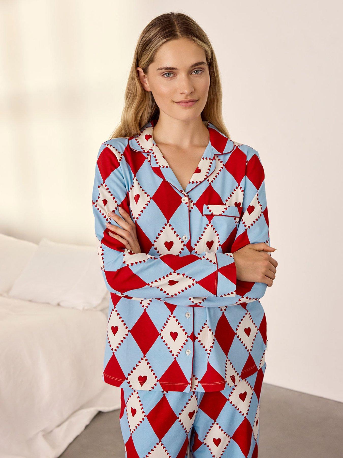 Image 4 of 7 of CHELSEA PEERS Womens Harlequin Heart Print Button-Front Long Pyjama Set - Multi