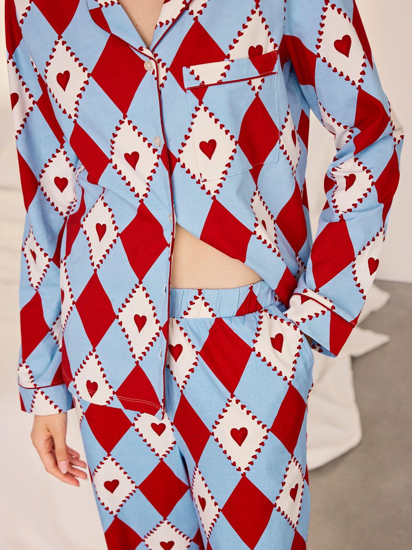 Image 5 of 7 of CHELSEA PEERS Womens Harlequin Heart Print Button-Front Long Pyjama Set - Multi