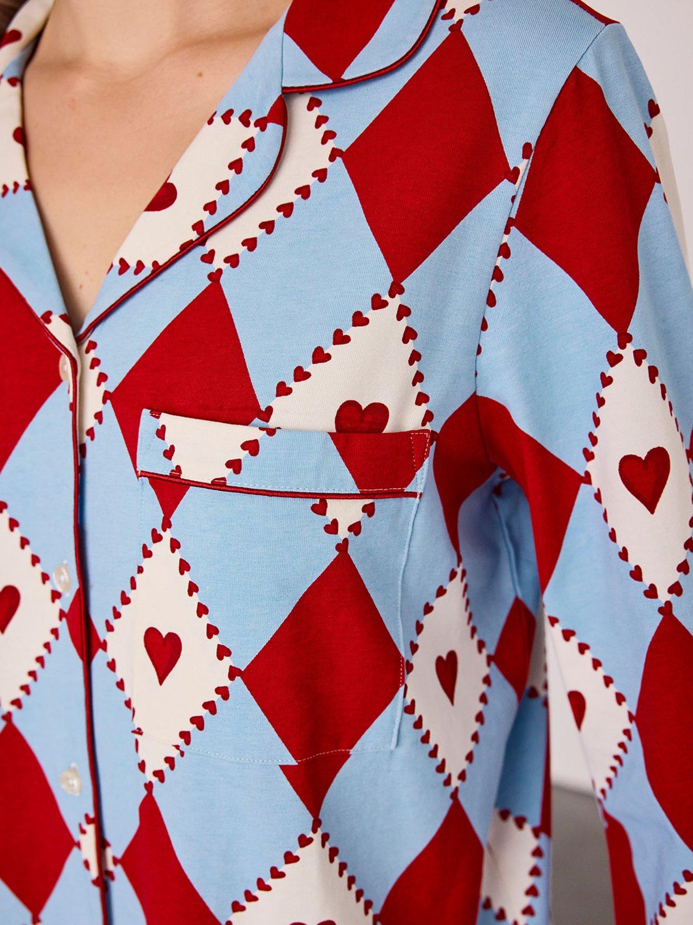 Image 6 of 7 of CHELSEA PEERS Womens Harlequin Heart Print Button-Front Long Pyjama Set - Multi