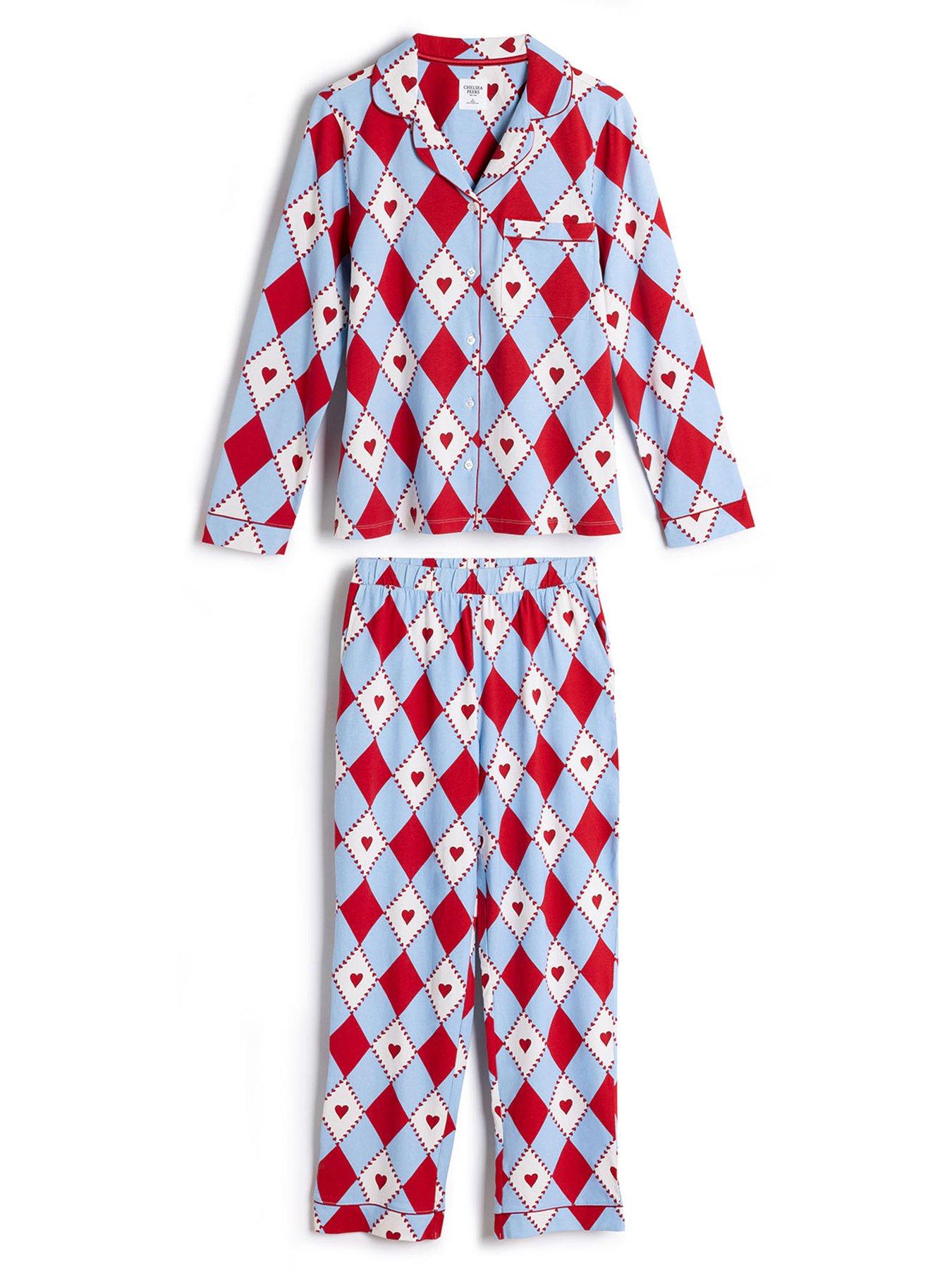 Image 7 of 7 of CHELSEA PEERS Womens Harlequin Heart Print Button-Front Long Pyjama Set - Multi