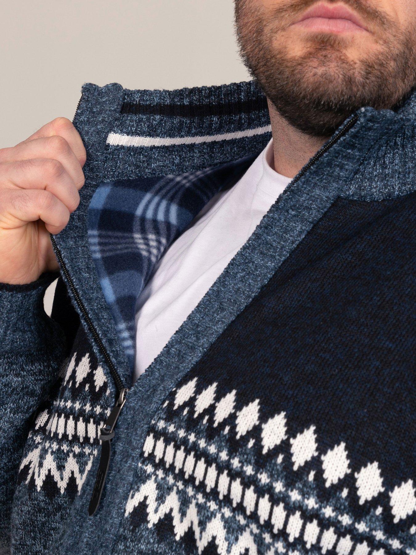 Image 5 of 7 of D555 Mens Fair Isle Zip Through Bonded Lined Knitwear - Navy