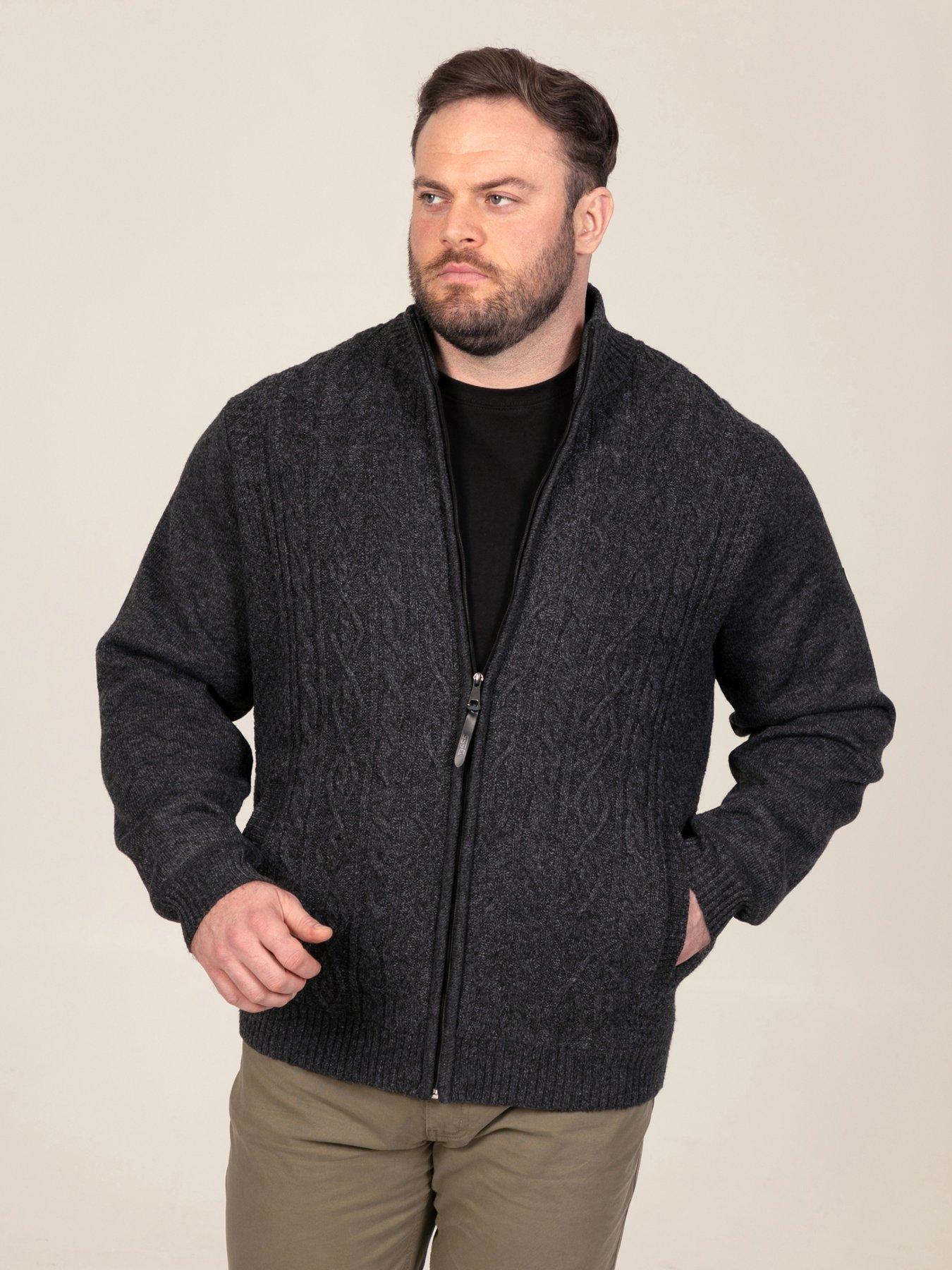 Image 1 of 7 of D555 Mens Big &amp; Tall Cable Knit Bonded Lined Zip Through Cardigan - Charcoal
