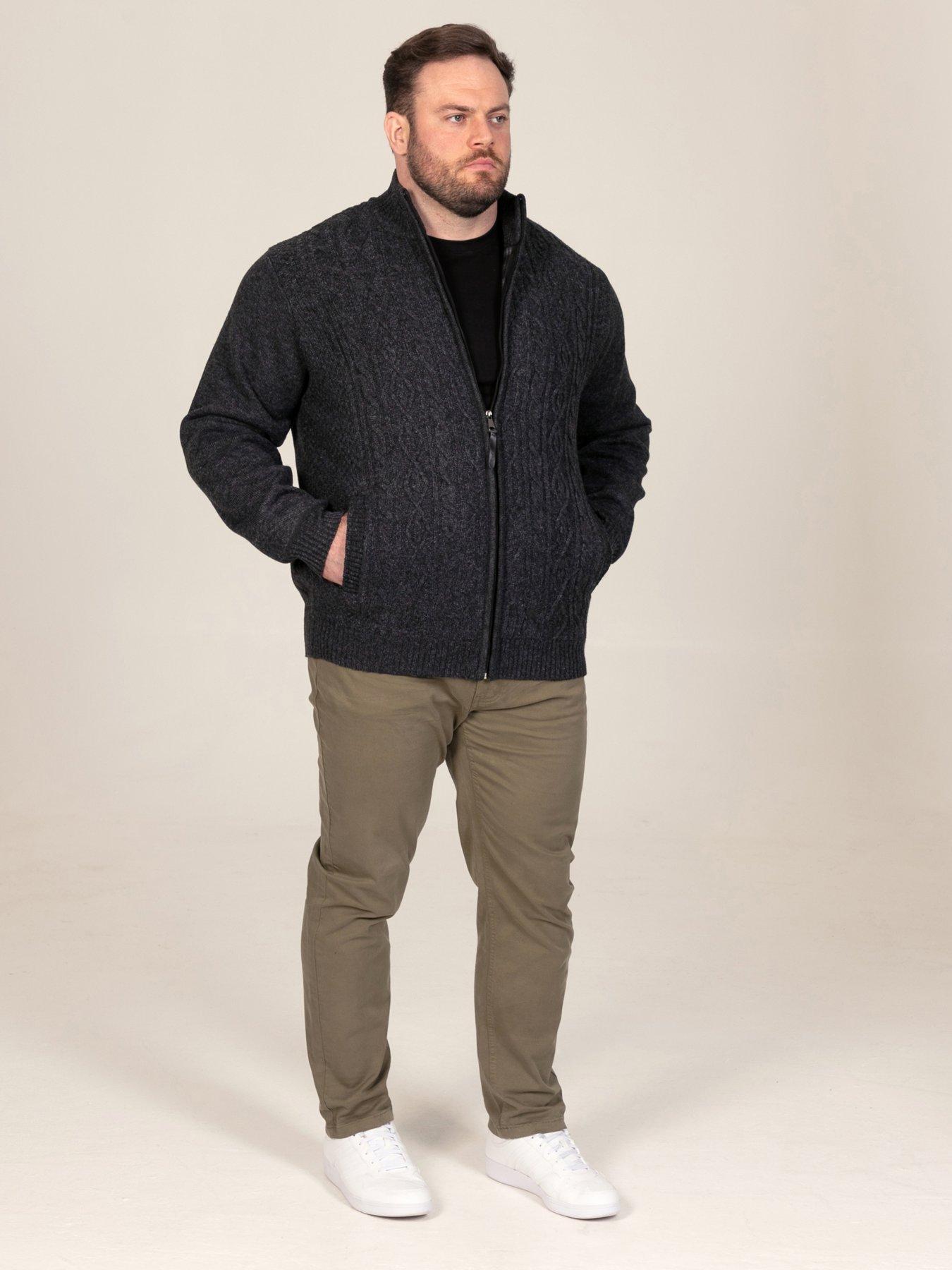 Image 3 of 7 of D555 Mens Big &amp; Tall Cable Knit Bonded Lined Zip Through Cardigan - Charcoal