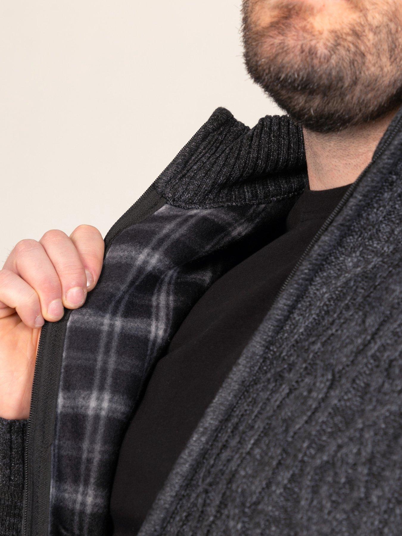 Image 6 of 7 of D555 Mens Big &amp; Tall Cable Knit Bonded Lined Zip Through Cardigan - Charcoal