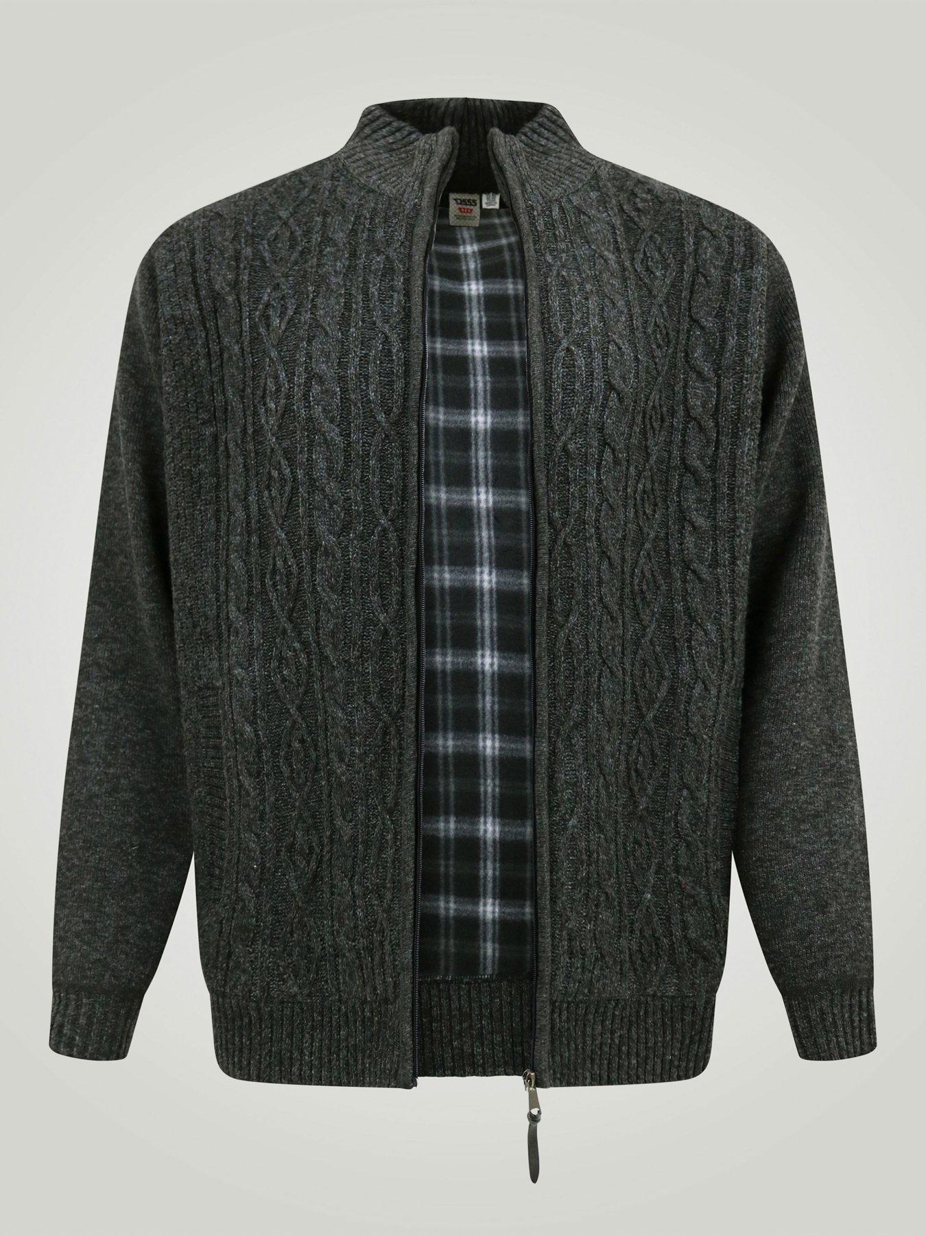 Image 7 of 7 of D555 Mens Big &amp; Tall Cable Knit Bonded Lined Zip Through Cardigan - Charcoal