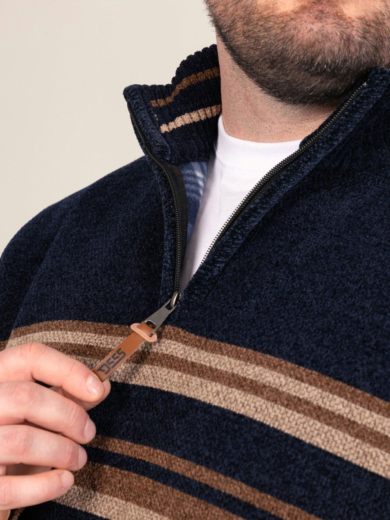Image 4 of 7 of D555 D555 1/4 Zip Stripe Chenille Jumper With Bonded Check Lining &amp; Lower Pockets