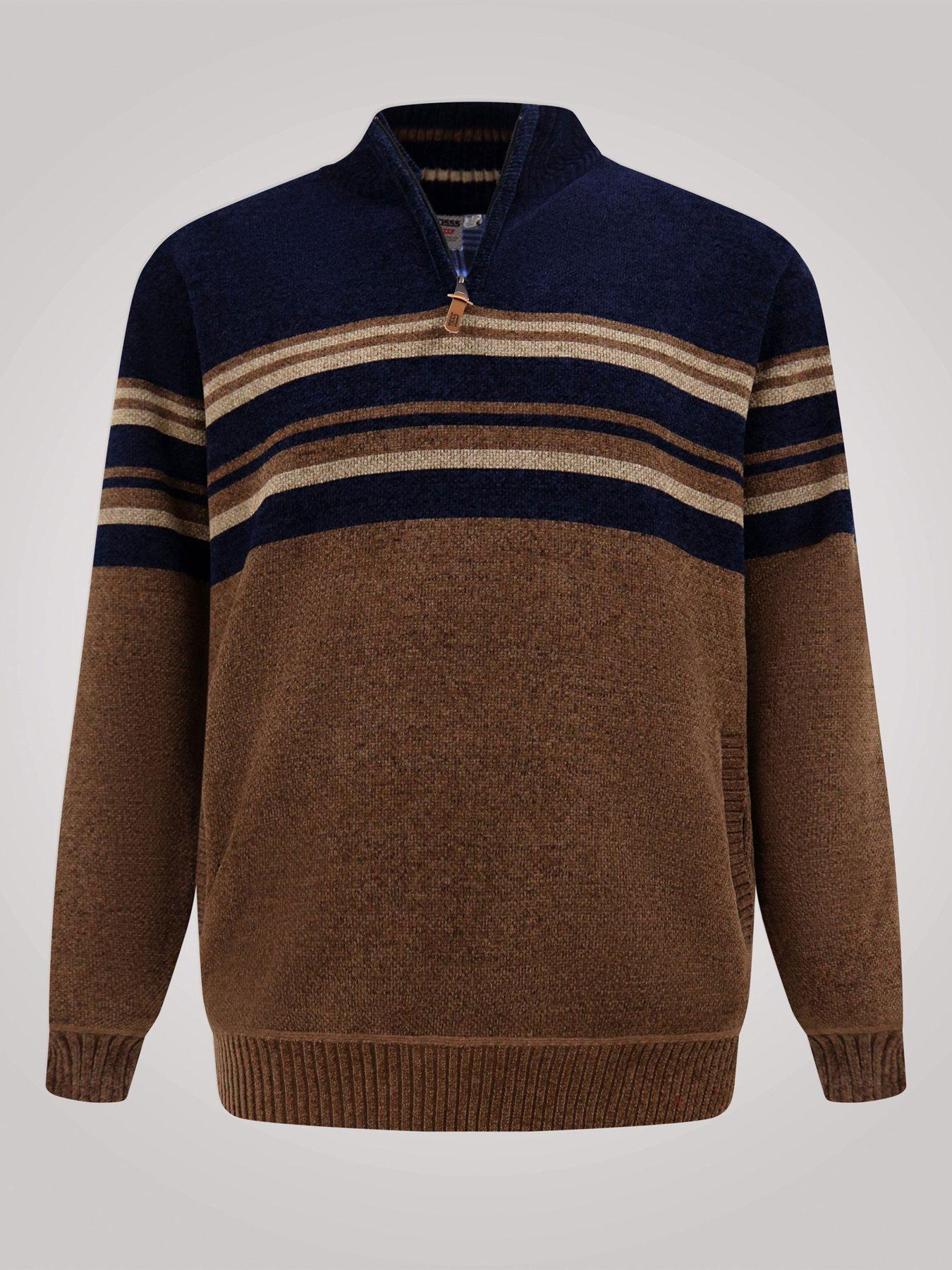 Image 7 of 7 of D555 D555 1/4 Zip Stripe Chenille Jumper With Bonded Check Lining &amp; Lower Pockets