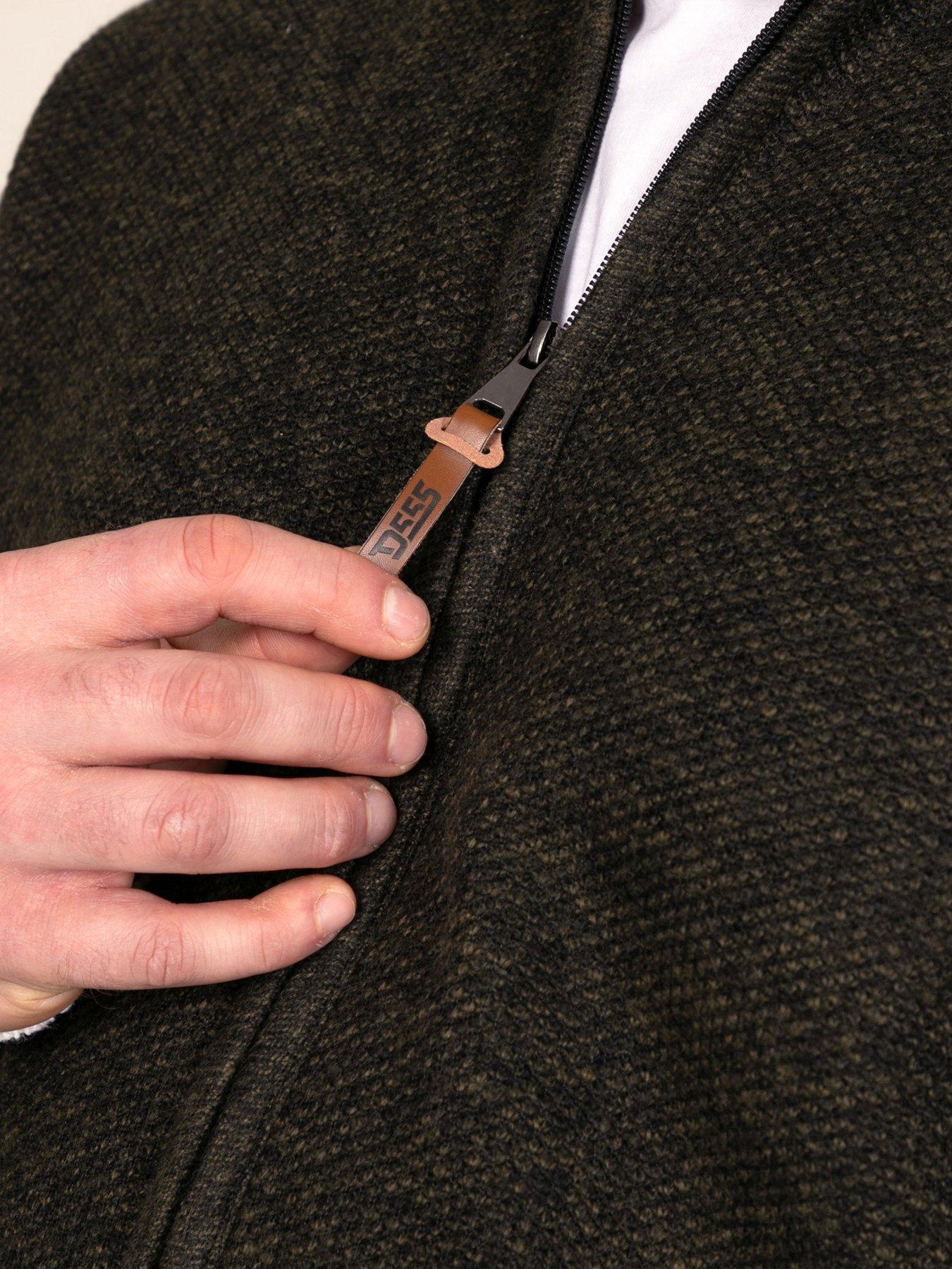 Image 4 of 7 of D555 D555 Khaki Knitted Zip Through With Bonded Check Lining &amp; Lower Pockets