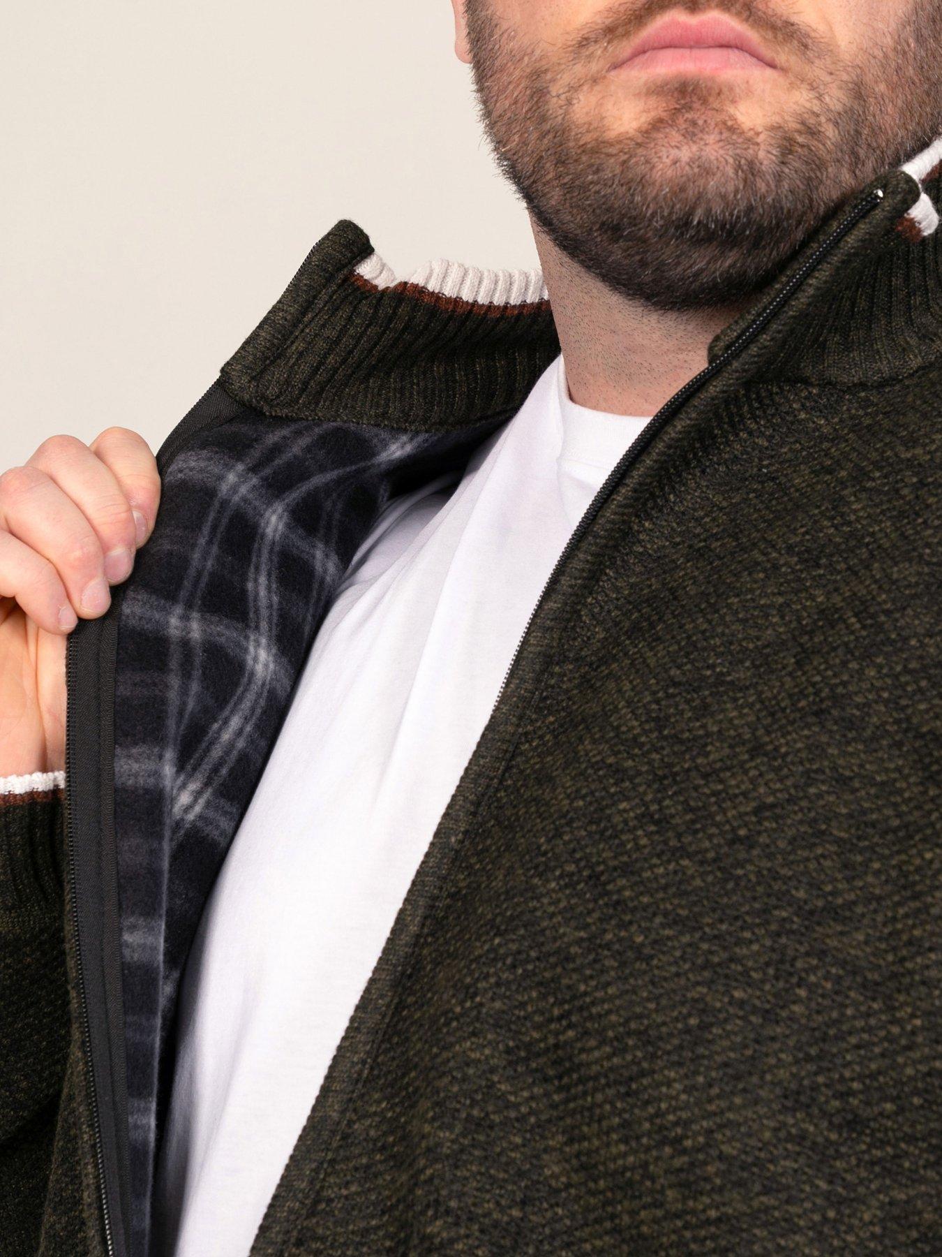 Image 5 of 7 of D555 D555 Khaki Knitted Zip Through With Bonded Check Lining &amp; Lower Pockets