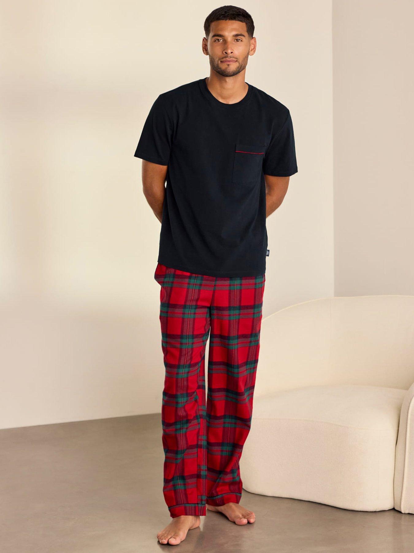 Image 1 of 6 of CHELSEA PEERS Mens Jersey T-Shirt Woven Check Pyjama Set - Multi